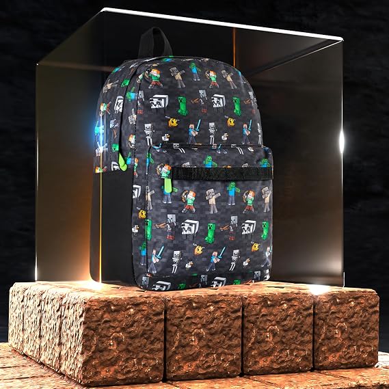 Minecraft Backpack for Kids Teenagers Gaming Rucksack School Bag Creeper Daypack Travel Bag for Days Out PE Sports Gamer Gifts (Black Aop)