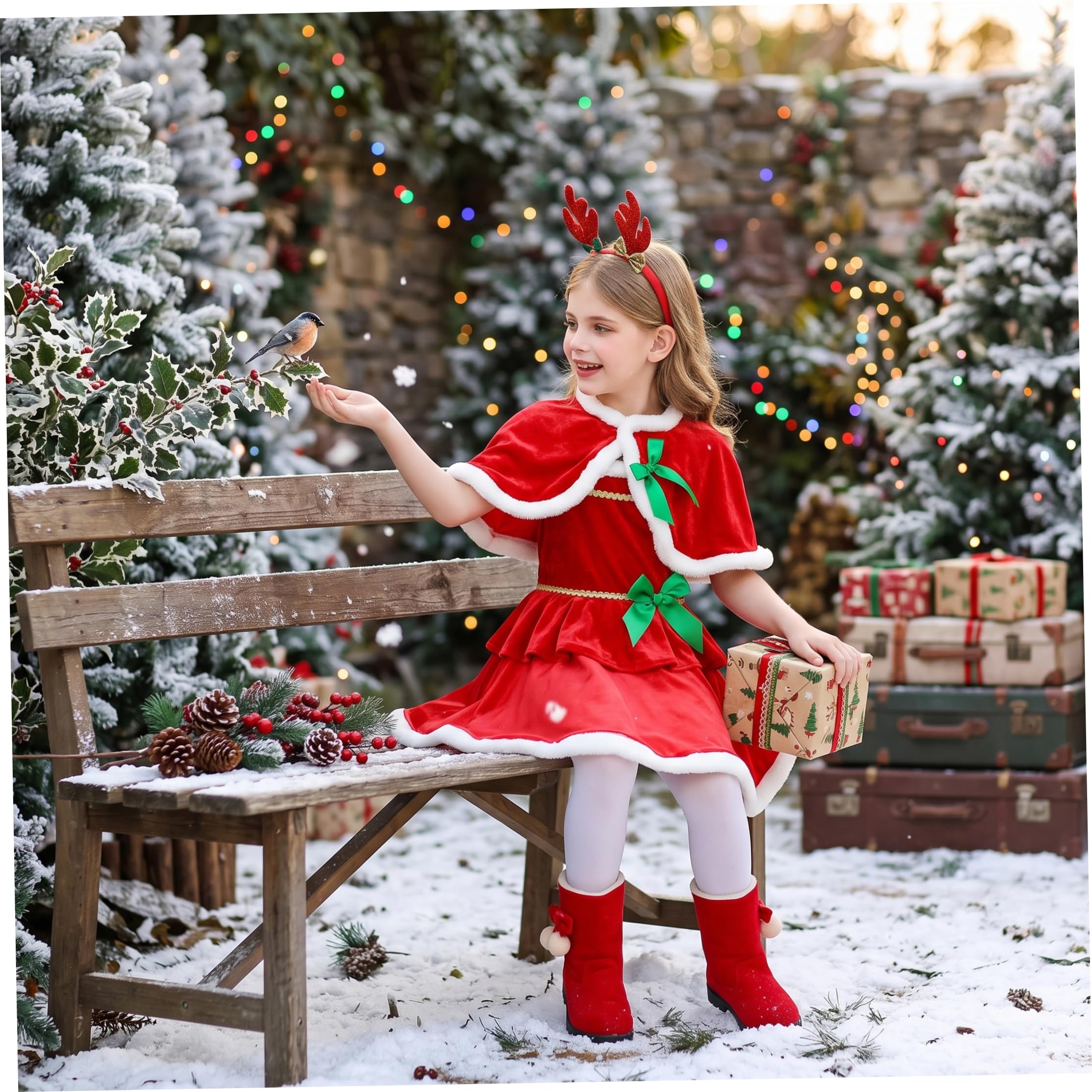 Abiti natalizi per ragazze, costume da Babbo Natale per bambini con fascia per capelli con corna per feste, foto, cosplay, 110 cm