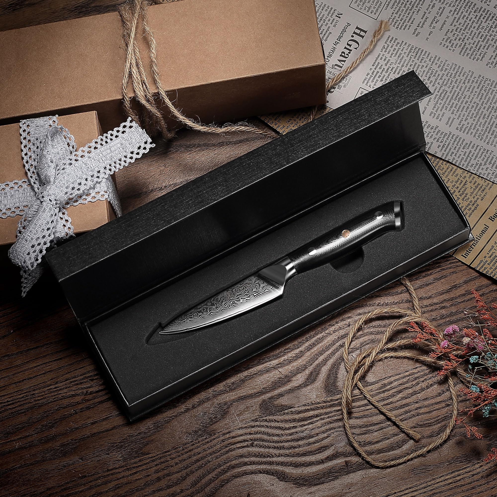 PAUDIN Damastmesser 9 cm – Gemüsemesser Schälmesser Obstmesser – VG10 Profi-Küchenmesser mit schwarzem ergonomischem G10-Griff