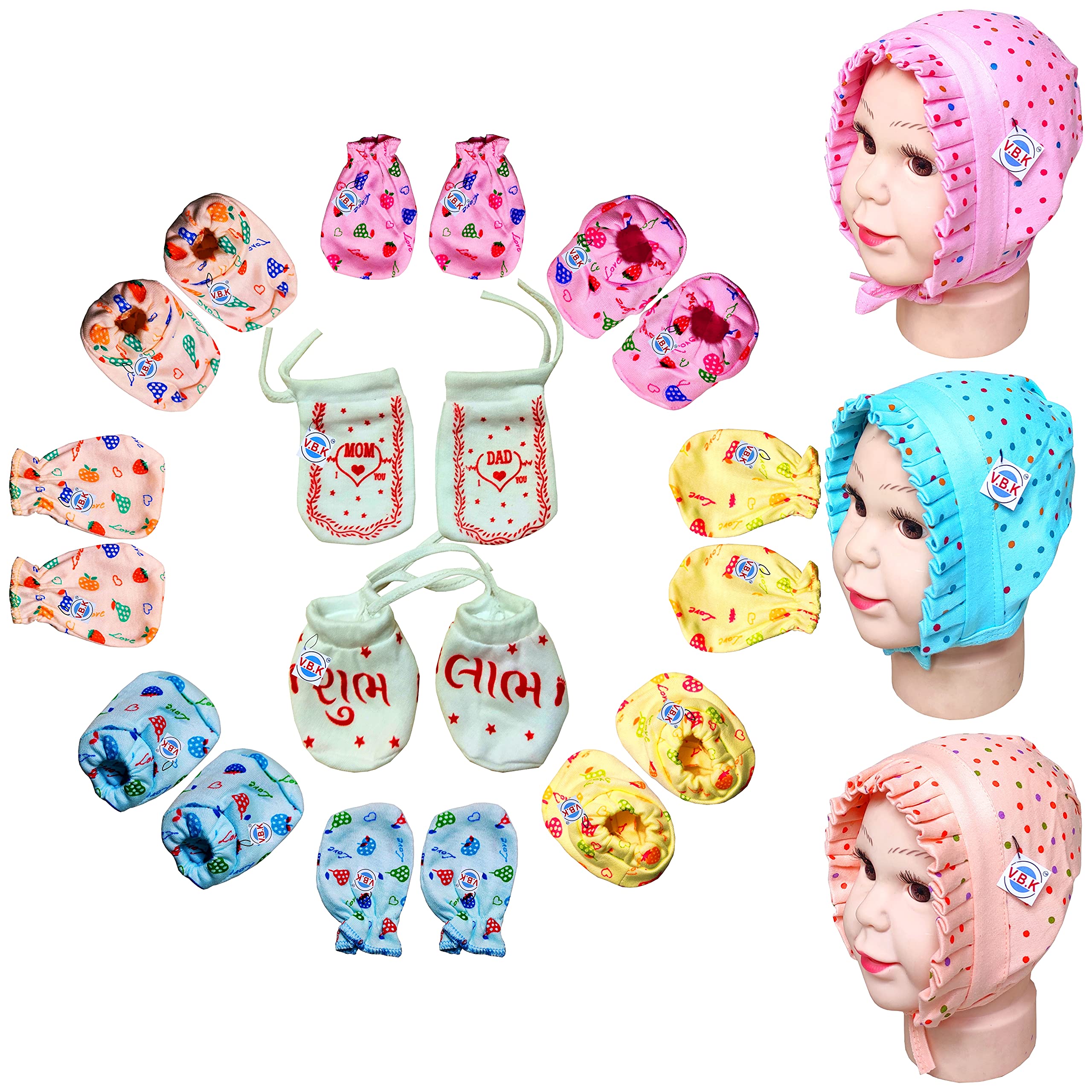 V.B.K® Baby Boy and Baby Girl Mittens, Booties and Cap Combo Pack, Pure Hosiery Soft Fabric, 0 to 4 Months-image-9