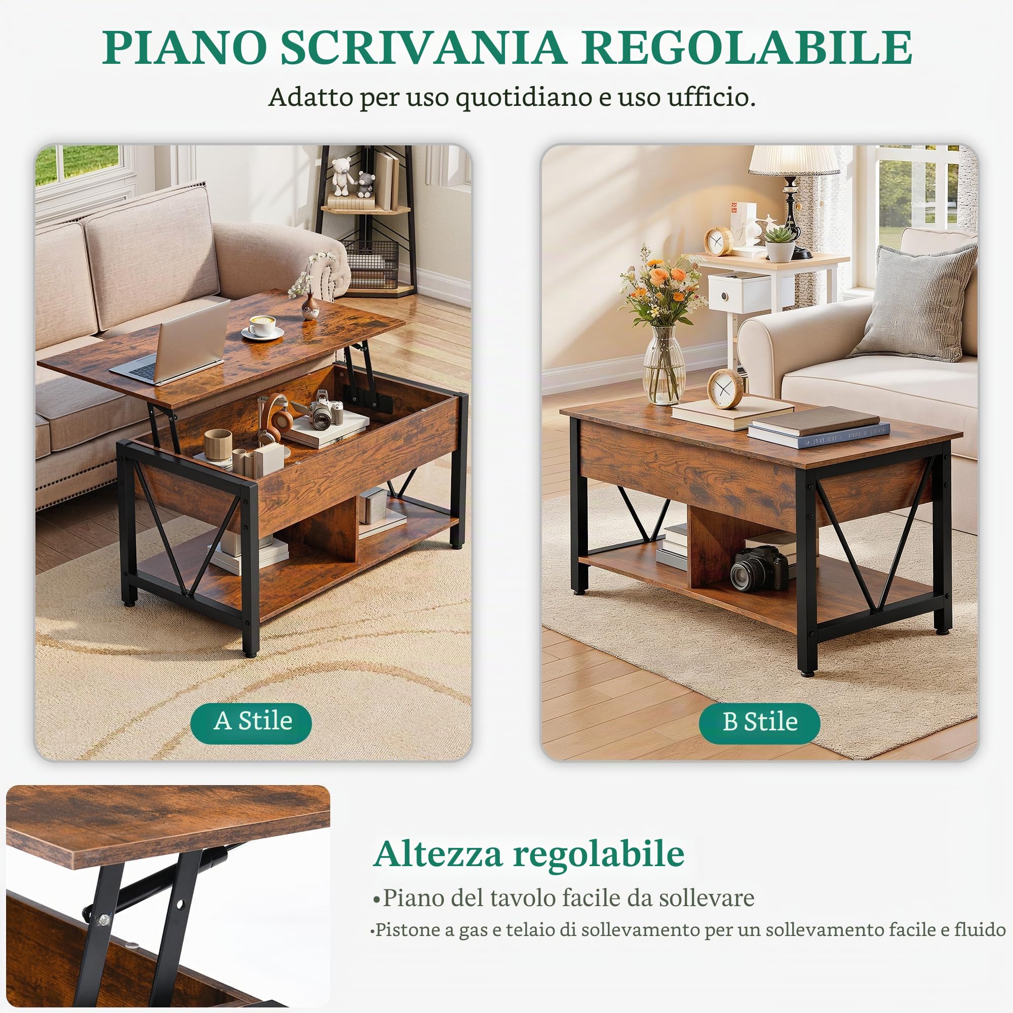 YITAHOME Tavolino da caffè con piano sollevabile, spazio di archiviazione a 2 livelli, tavolino da caffè regolabile in altezza con scomparto nascosto e piano d'appoggio, marrone vintage