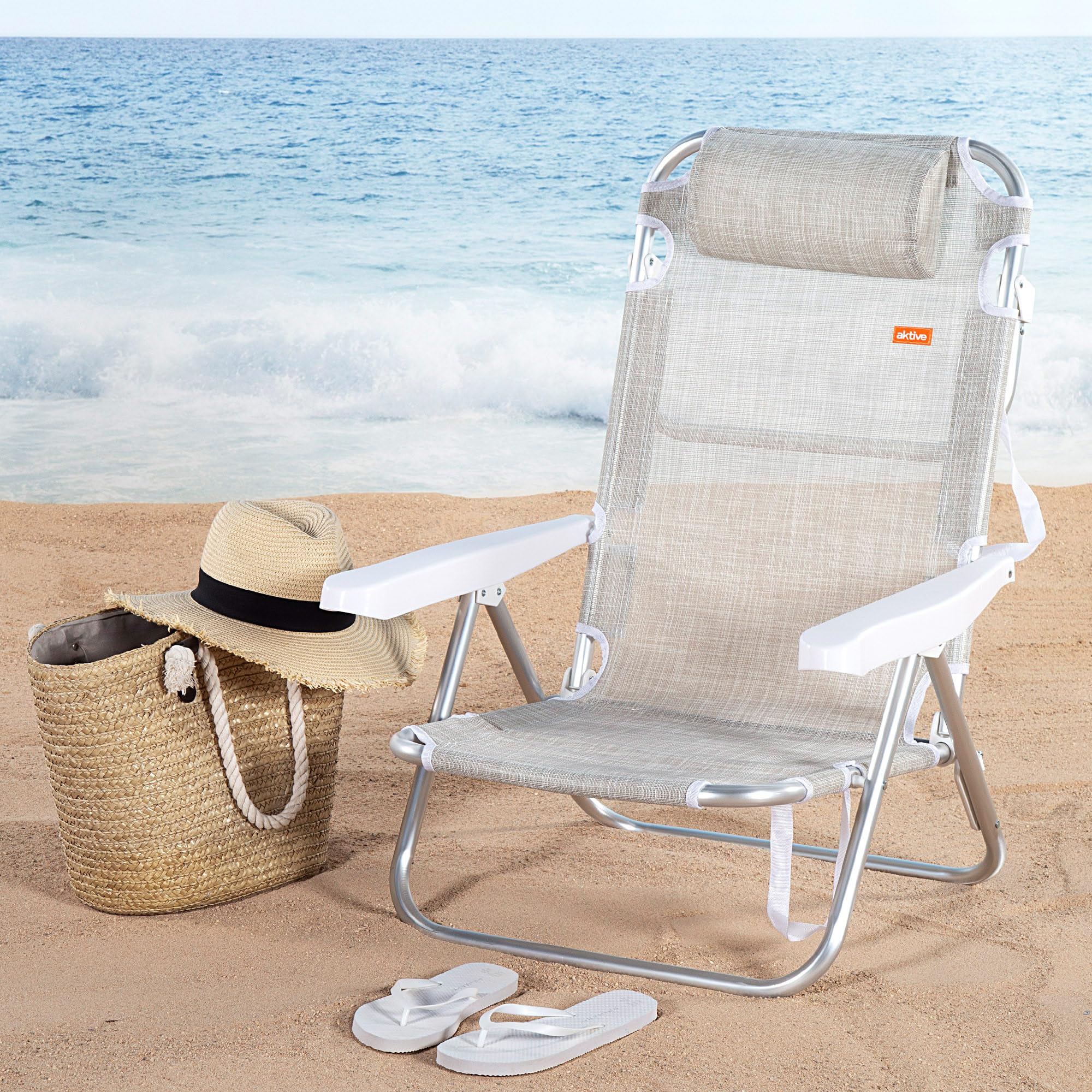 Sedia da spiaggia reclinabile, sedia multiposizione, 5 posizioni, altezza seduta 21 cm, 48x46x84 cm, con maniglia per il trasporto, beige, Aktive Spiaggia