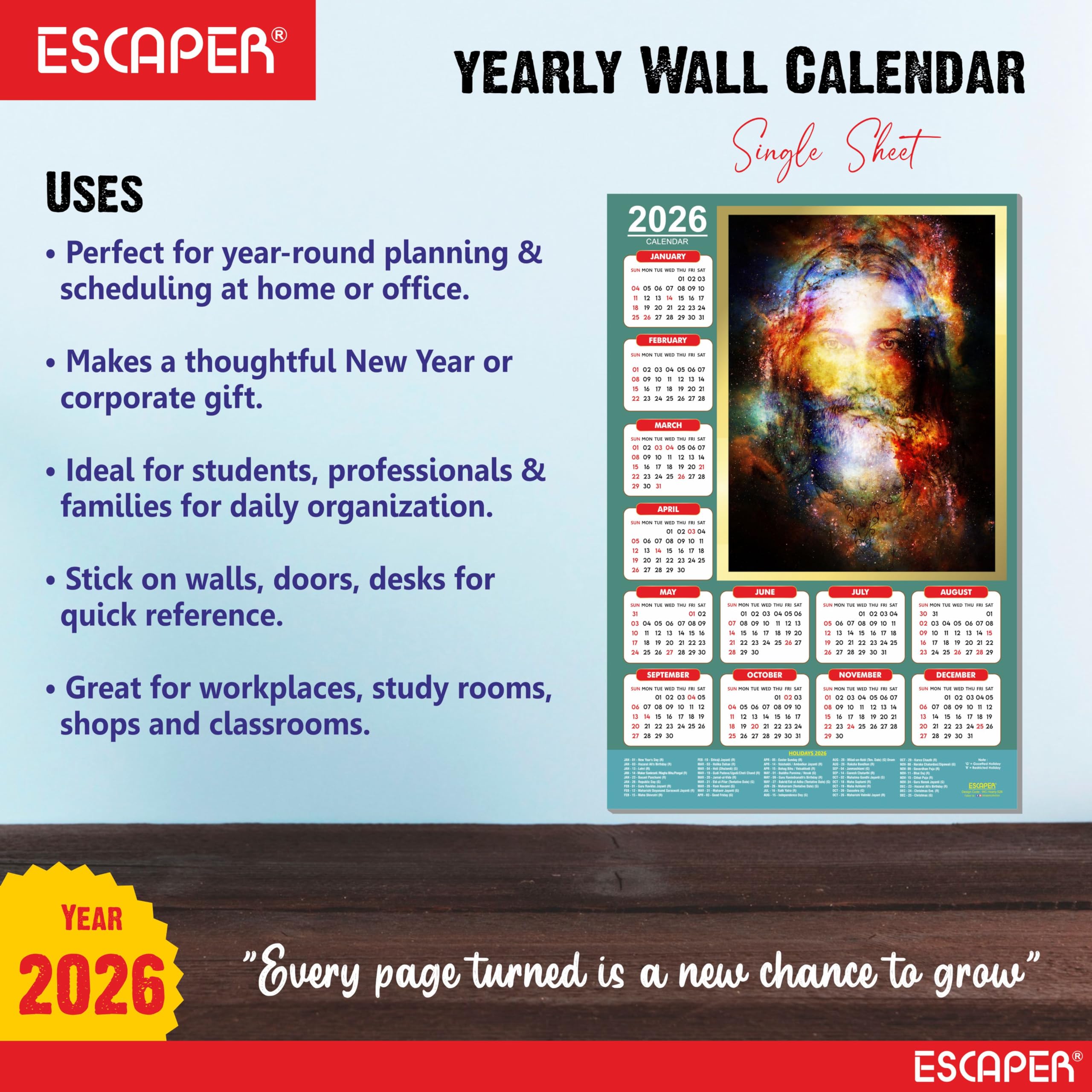 ESCAPER Calendario de pared de Jesús 2026, 12 x 18 pulgadas, calendario cristiano laminado con vacaciones indias, decoración religiosa de pared para el hogar y la oficina