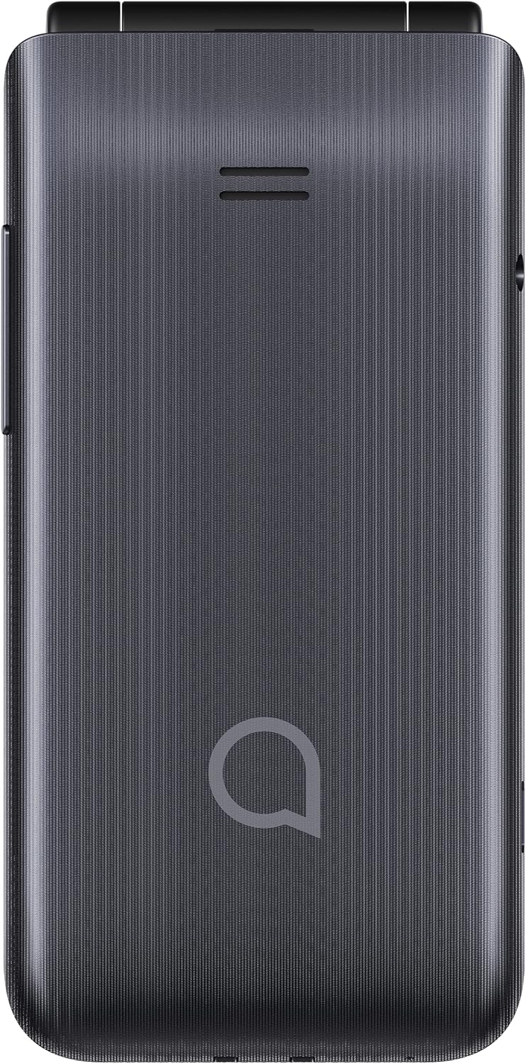 Wara view of the Alcatel 3082 4G flip phone, showing the camera lens, flash, and textured back.