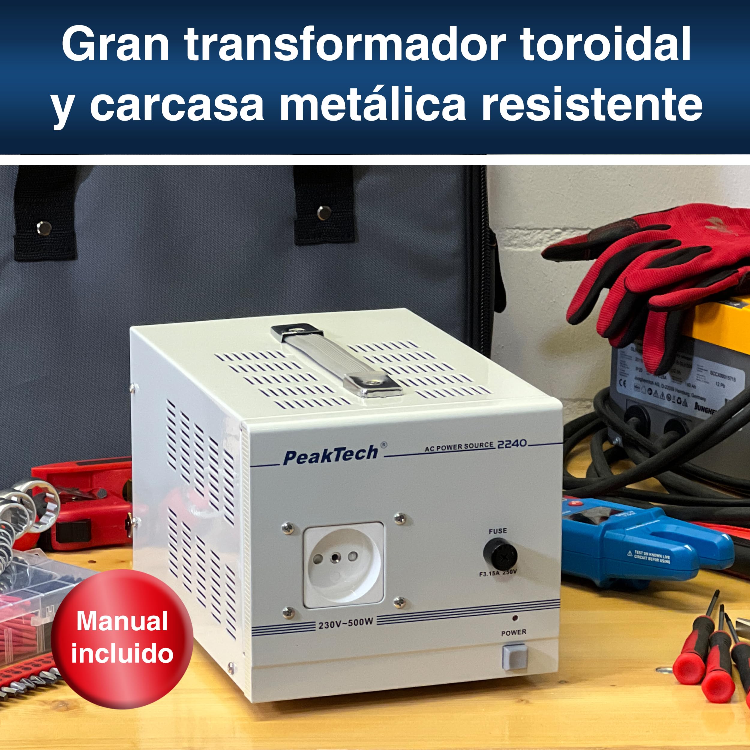 PeakTech 2240 - Transformador de Aislamiento, Dispositivo de Medición, Toroidal, Galvánico, Clase de Protección 1, Uso Móvil, Voltaje de Entrada 230 V, Potencia de Salida 500 W - 160 x 125 x 235 mm