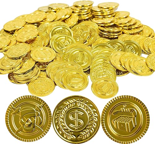 GiftExpress Monedas de oro de plástico, 144 fichas de pirata de dinero para niños, caza del tesoro de juguete, cofres, calderos y decoraciones de