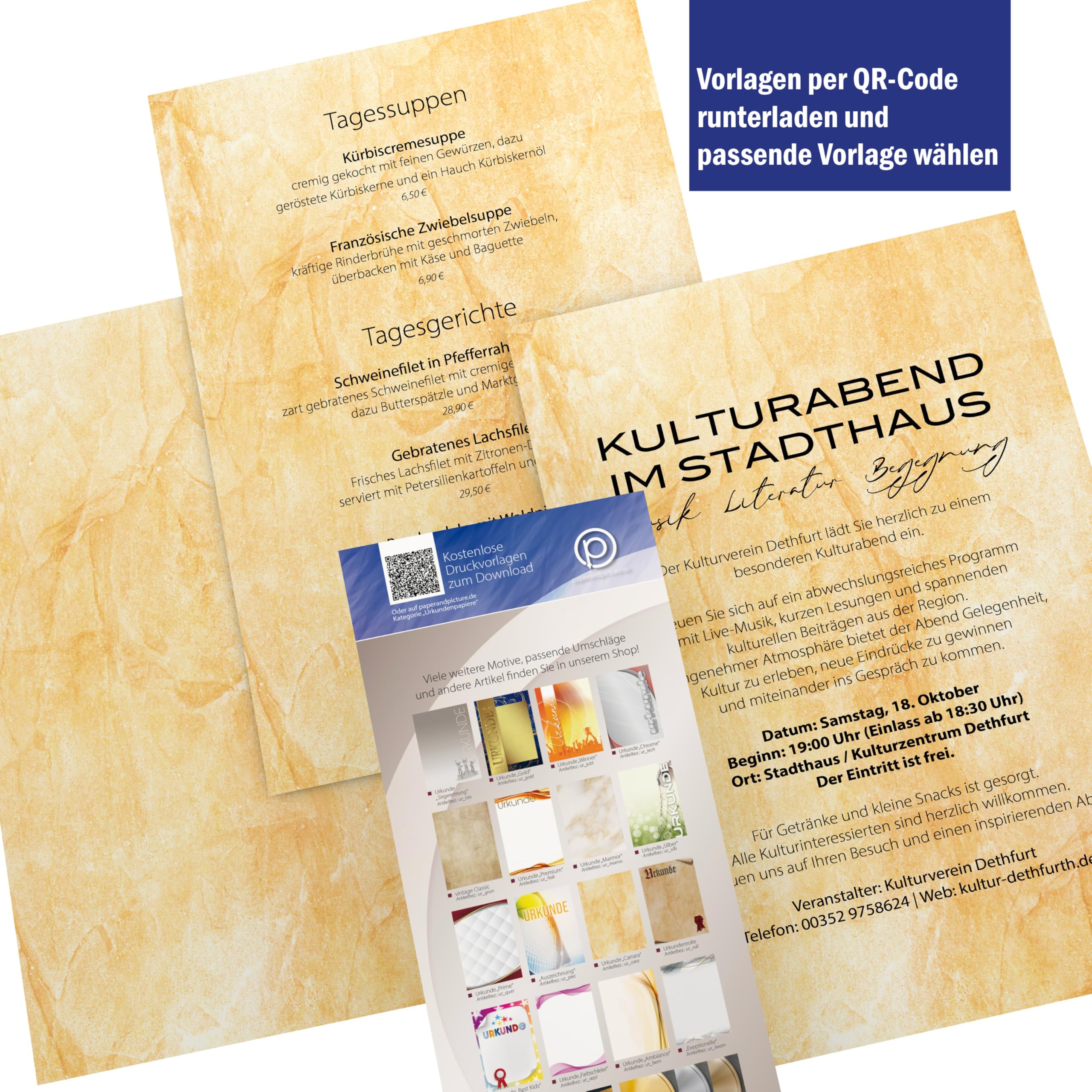 Urkundenpapier DIN A4 190g 100 Blatt „Carrara Classic“ Marmor Design beige – beidseitig bedruckt – inkl. Textvorlagen zum Download