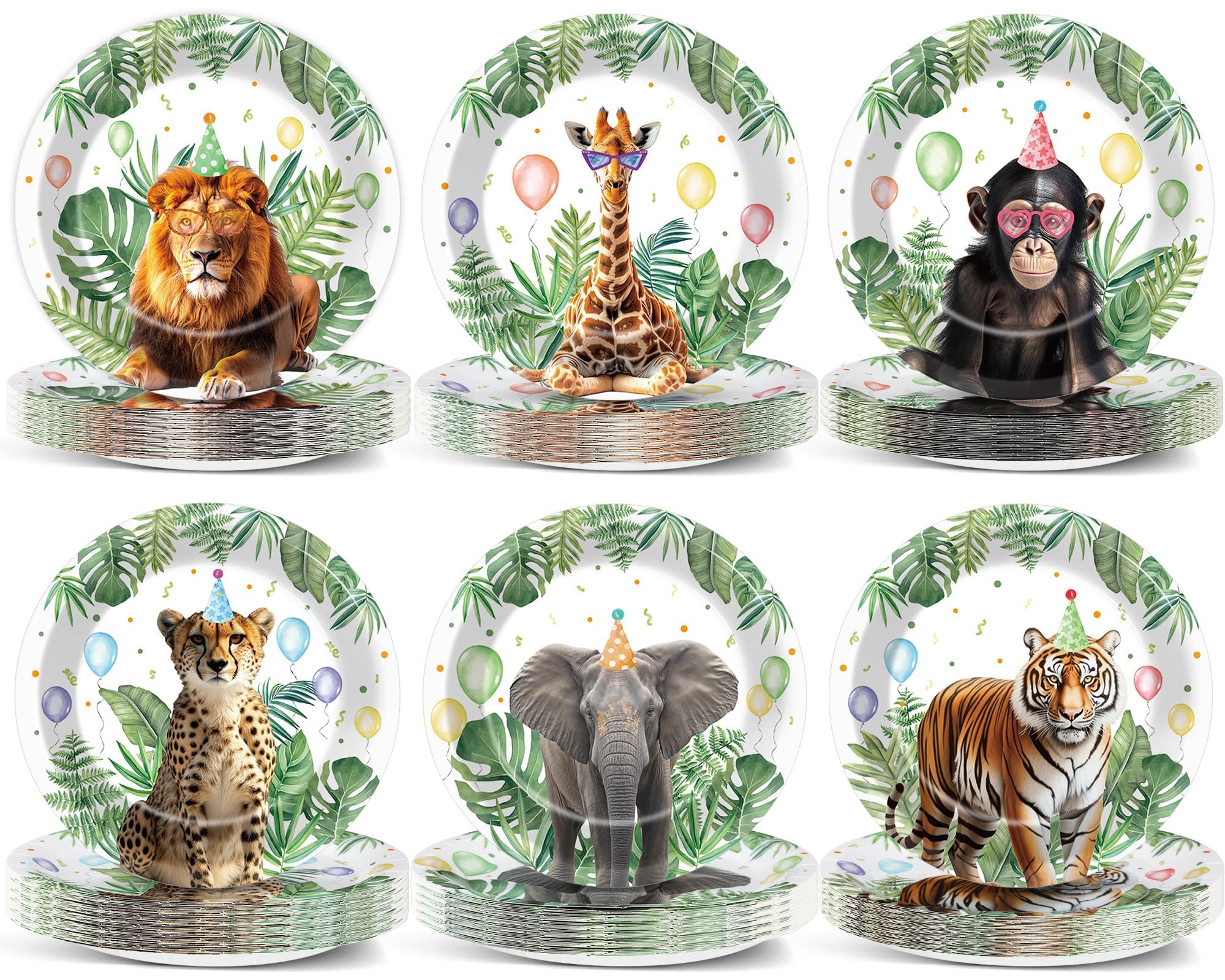 ZOIIWA 60PCS Jungle Safari Party Plates 7inch Wild Animals Birthday Paper Dinnerware Plate Set Safari Animal Themed Decorations for Boys Girls Baby