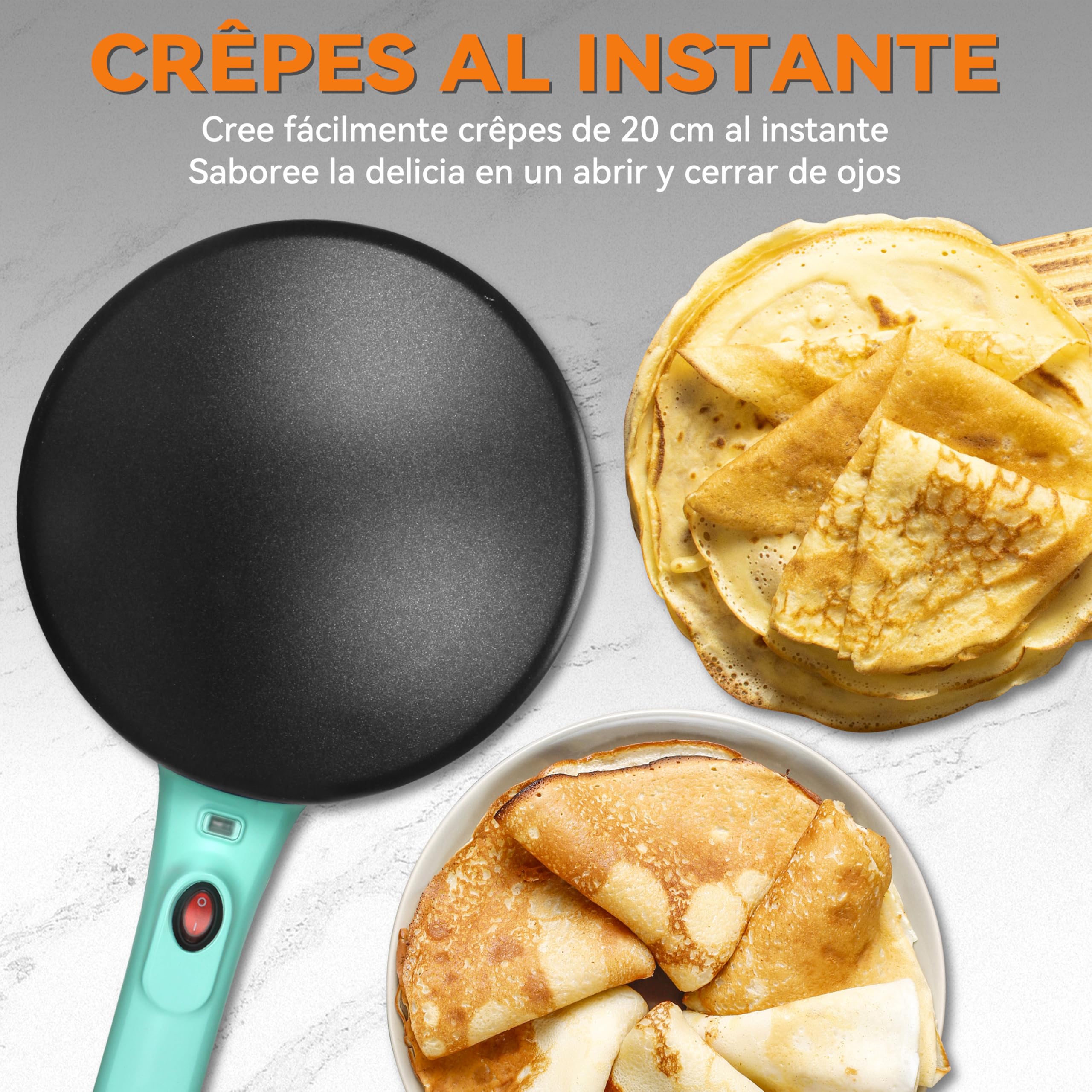 Baker's Friend Fabricante Instantáneo de Crêpes con Mango, Máquina de Crêpes Eléctrica, Crêperia Eléctrica, Superficie Calentada de 20 cm de Diámetro, Aqua
