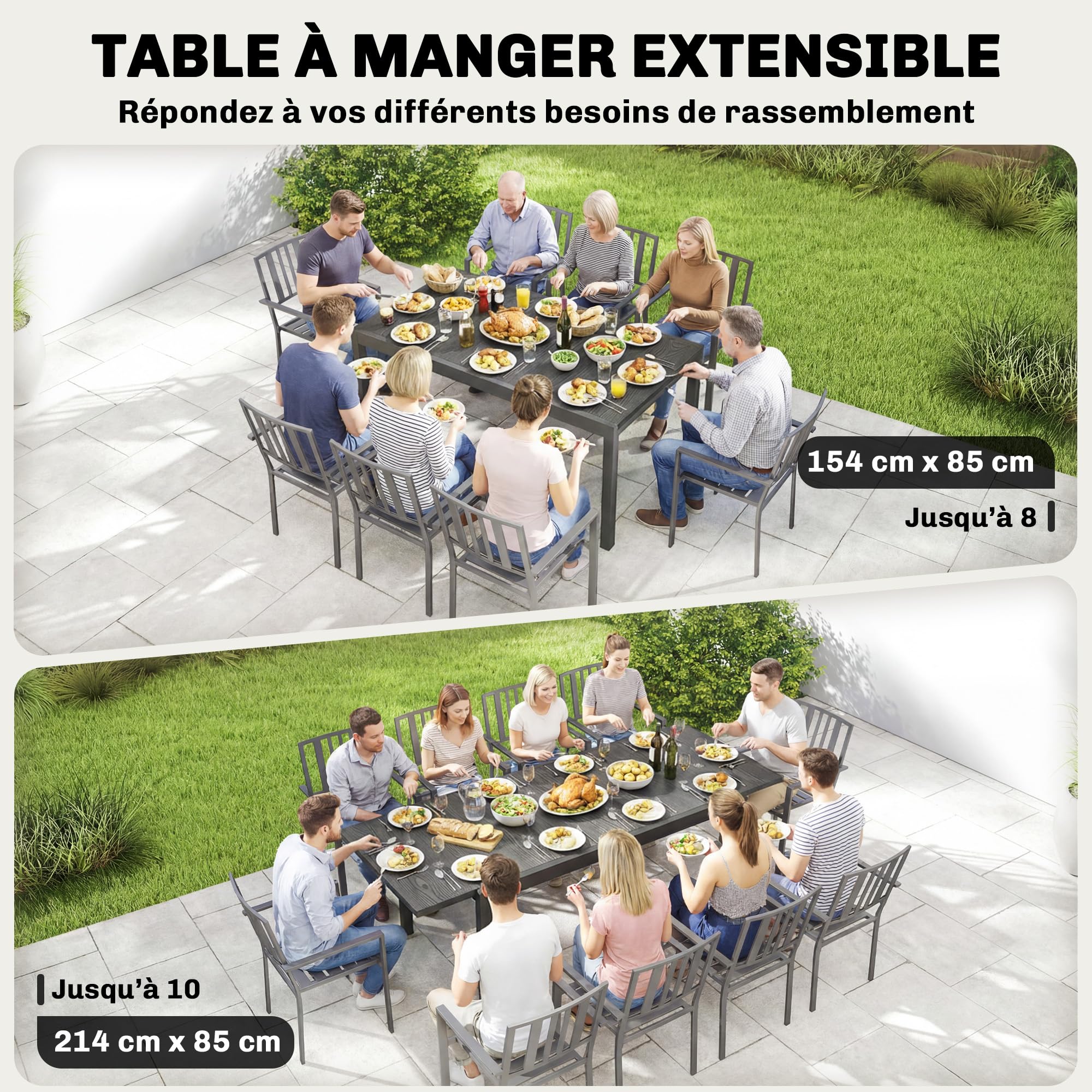 Outsunny Tavolo da giardino allungabile 154-214 cm, piano in alluminio effetto legno, tavolo da pranzo esterno robusto con gambe regolabili, mobili da terrazza 8-10 persone, grigio antracite