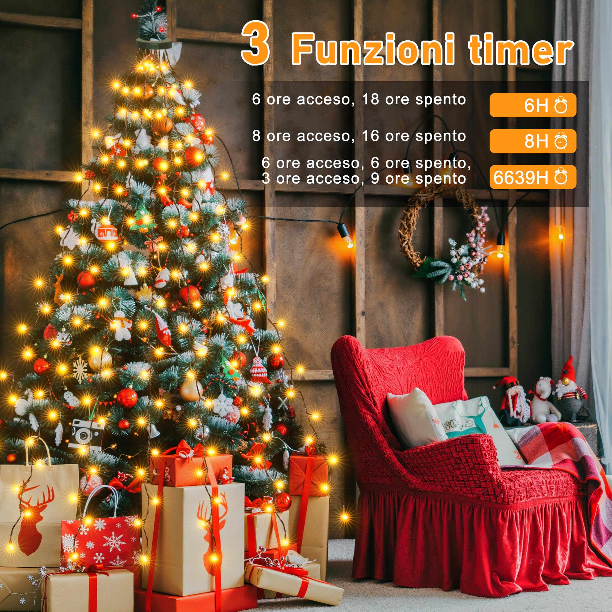 HeiPard luci Albero di Natale con anello 3M 360LED 12 Rami Catene Luminose Esterno Interno 8 Modalità Timer Impermeabile per 240-350cm albero di Natale, Bianco Caldo