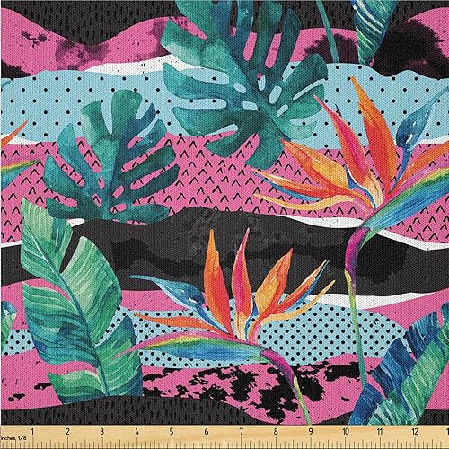 Miniatura 13 de Ambesonne The Yard, Pop Art Inspirations, Siluetas exóticas de hojas de palmera, colores ondulados, tela de microfibra para artes y manualidades,