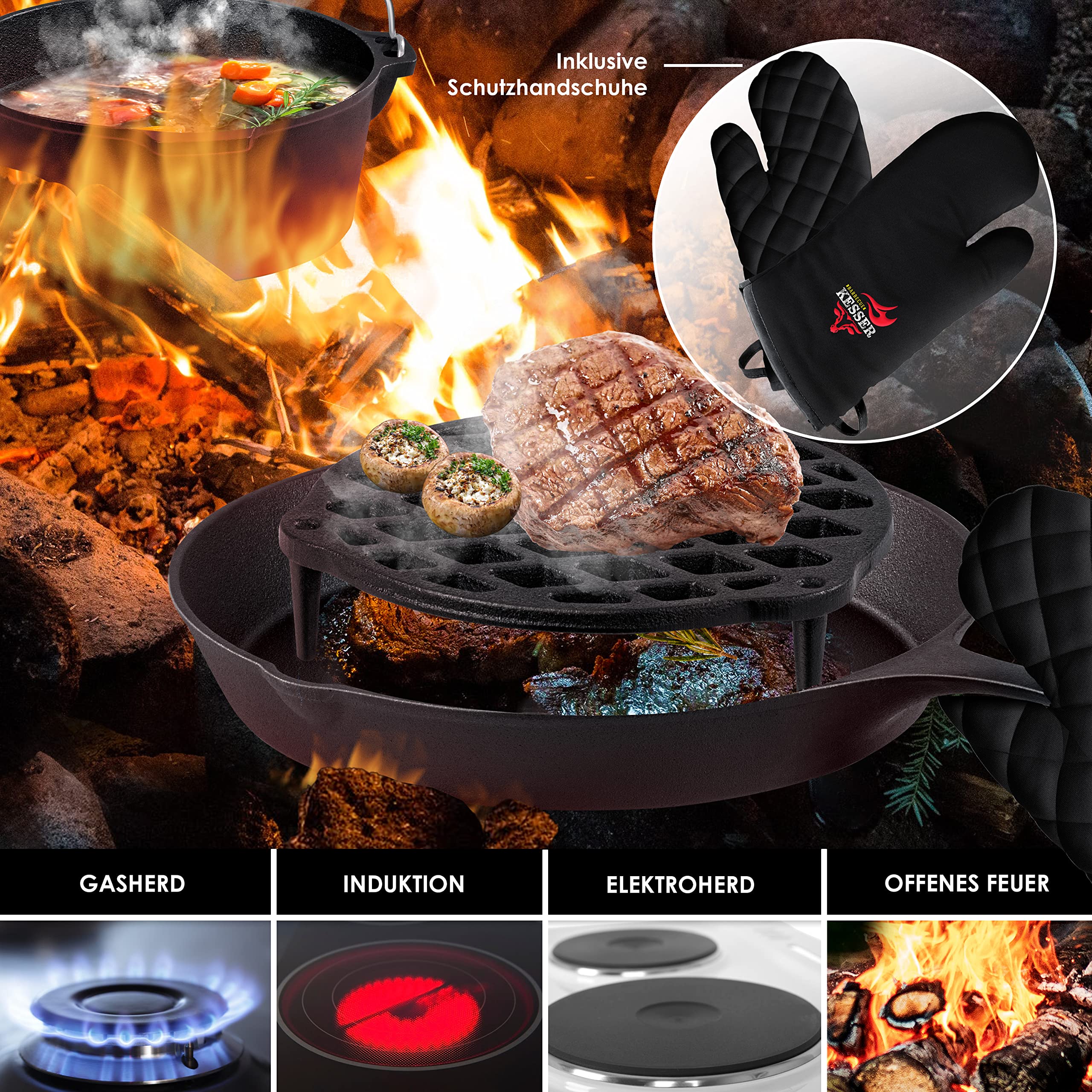 KESSER Dutch Oven Set 12 pièces en fonte avec caisse en bois, gaufrier, plaque de gril et poêle