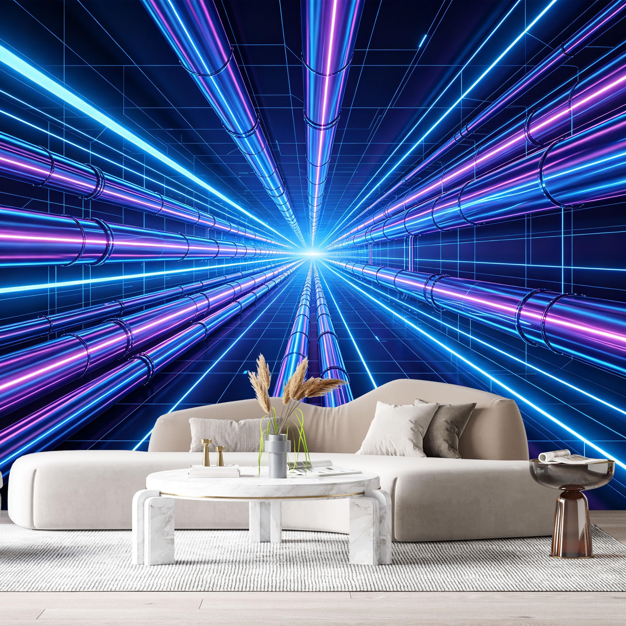 Custom Size Wall Murals Futuristic Tunnel Abstract Neon Light Geometric Lines SelfAdhesive Wall Fabric Removable Large Wallpaper for Photo Living Room
