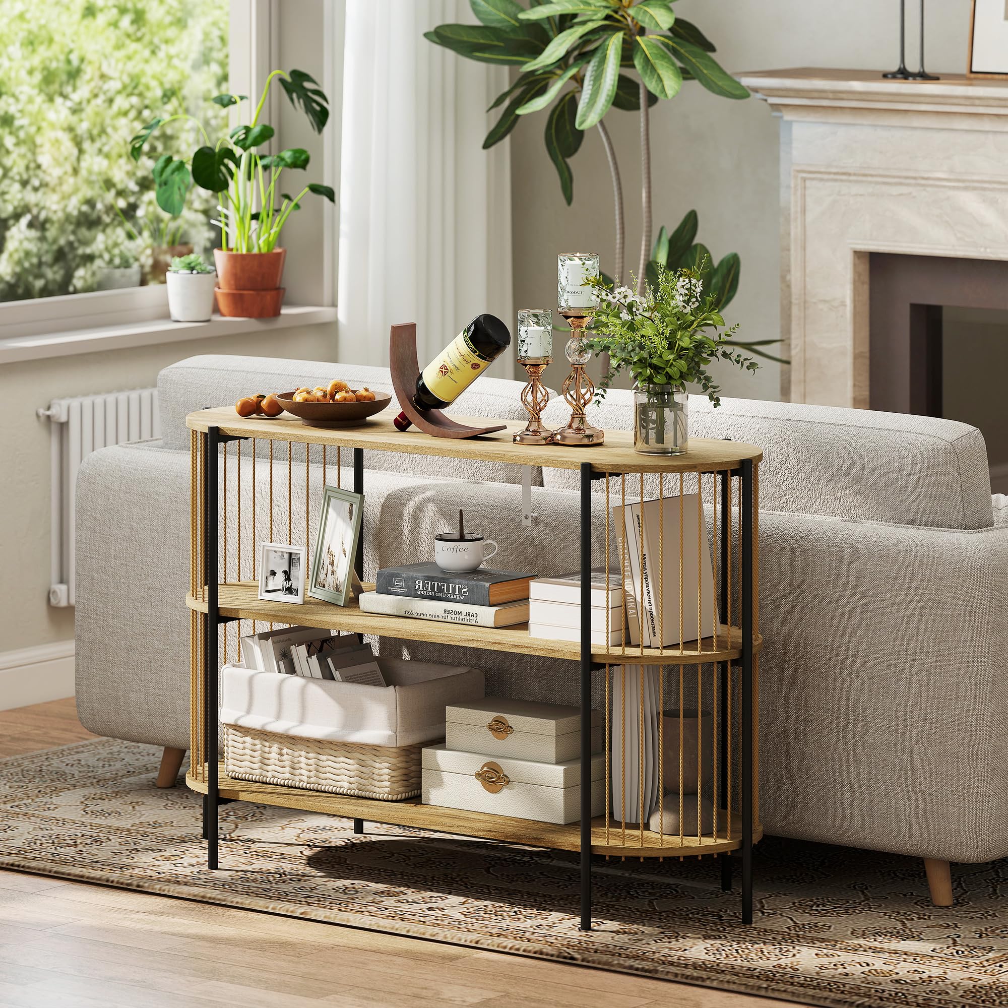 HOMCOM Mesa de Consola Consola Recibidor 124x43,5x80 cm Natural | Cuerda de Papel Trenzada a Mano, 3 Niveles, Marco de Acero, Estilo Bohemio, para Entrada Sala de Estar