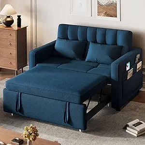 DWVO 3-in-1 Convertible Sofa Bed, 55" Sleeper Sofa with Pull-Out Bed, Cat-Scratch-Proof Fabric Futon Couch with Adjustable Backrest and Side Pocket, Loveseat for Living Room Apartment, Blue