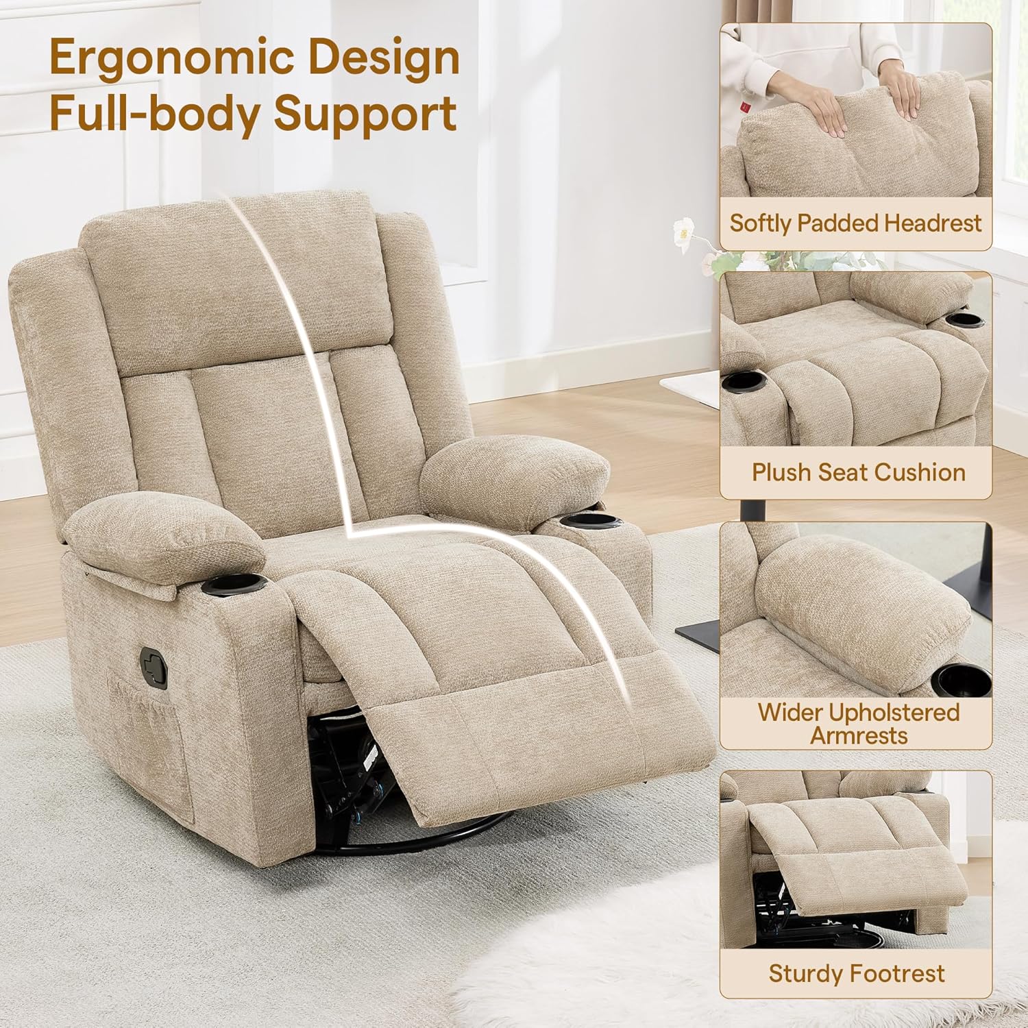 Swivel Rocker Recliner, Lazy Boy Recliner Chair with Cup Holders, 360 Degree Rotating Nursery Rocking Chair, Manual Glider Recliner for Living Room (1, Brown)