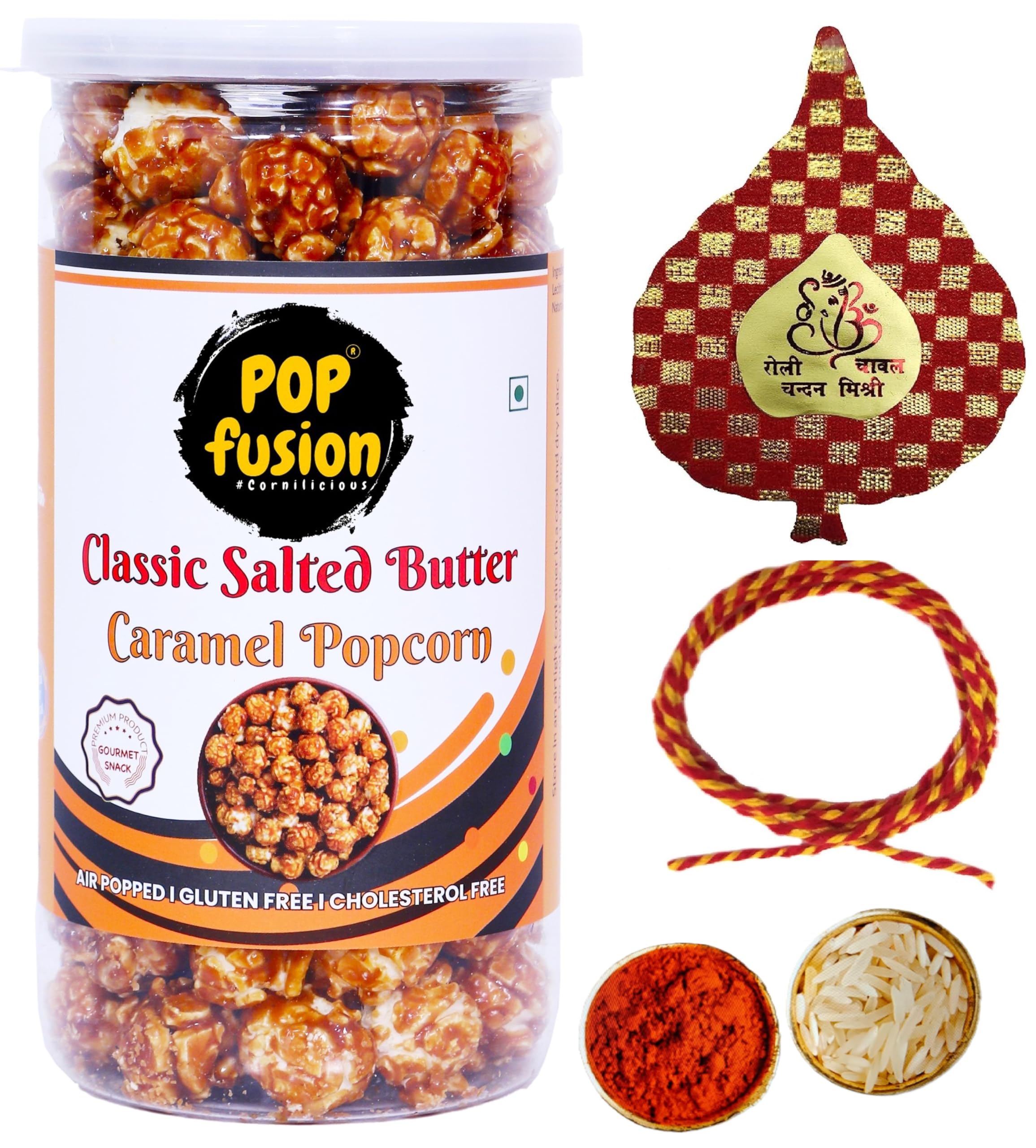 Popfusion Bhai Dooj Gift Caramel Popcorn with Bhai Dooj Silk Thread, Roli, Chawal, Chandan, Mishri in a Special Pack-150g-image-29