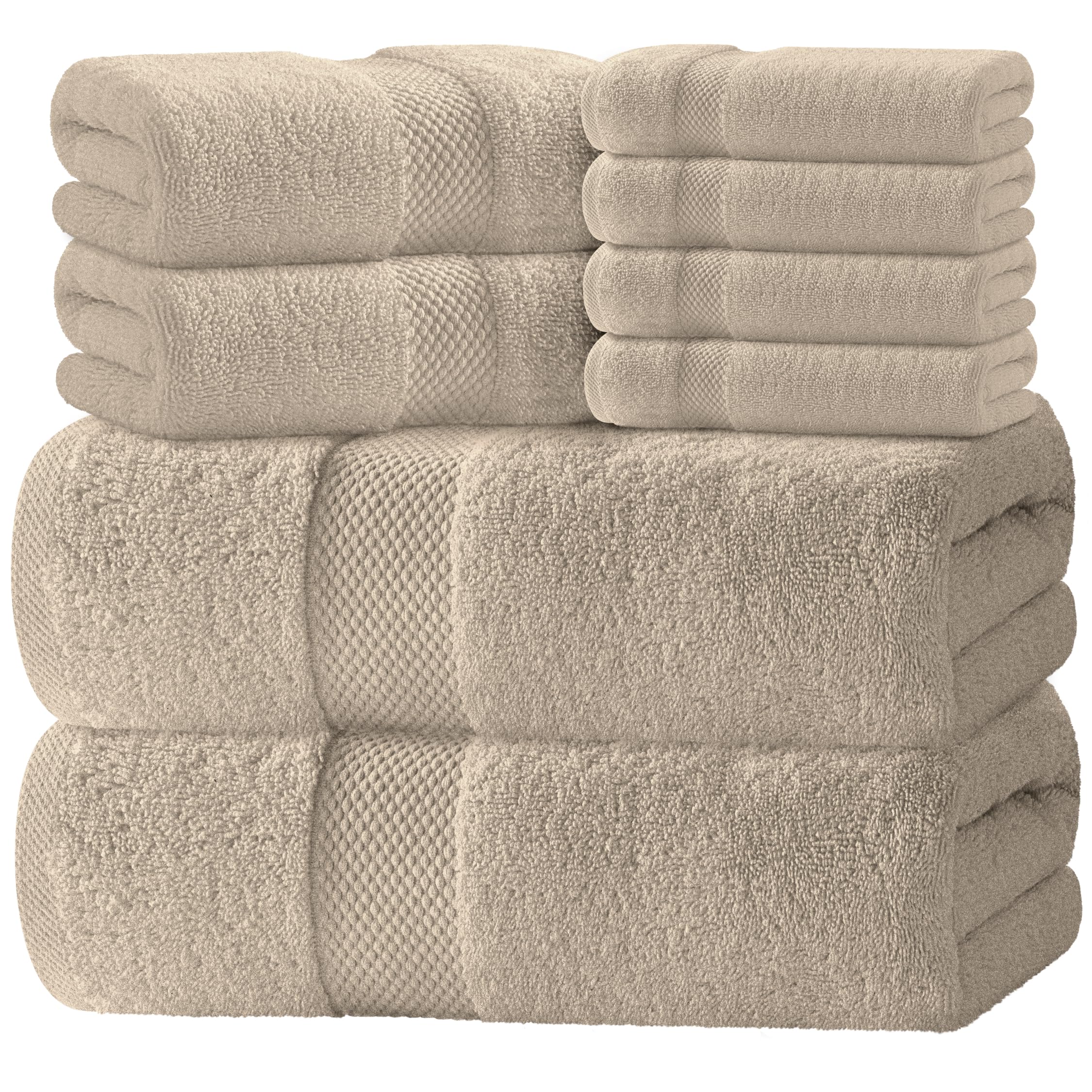 White Classic Luxury Brown Bath Towel Set of 8 Pieces - 100% Turkish Cotton 700 GSM Highly Absorbent Towels for Bathroom, 2 Bath Towels, 2 Hand Towels, 4 Washcloths - Taupe