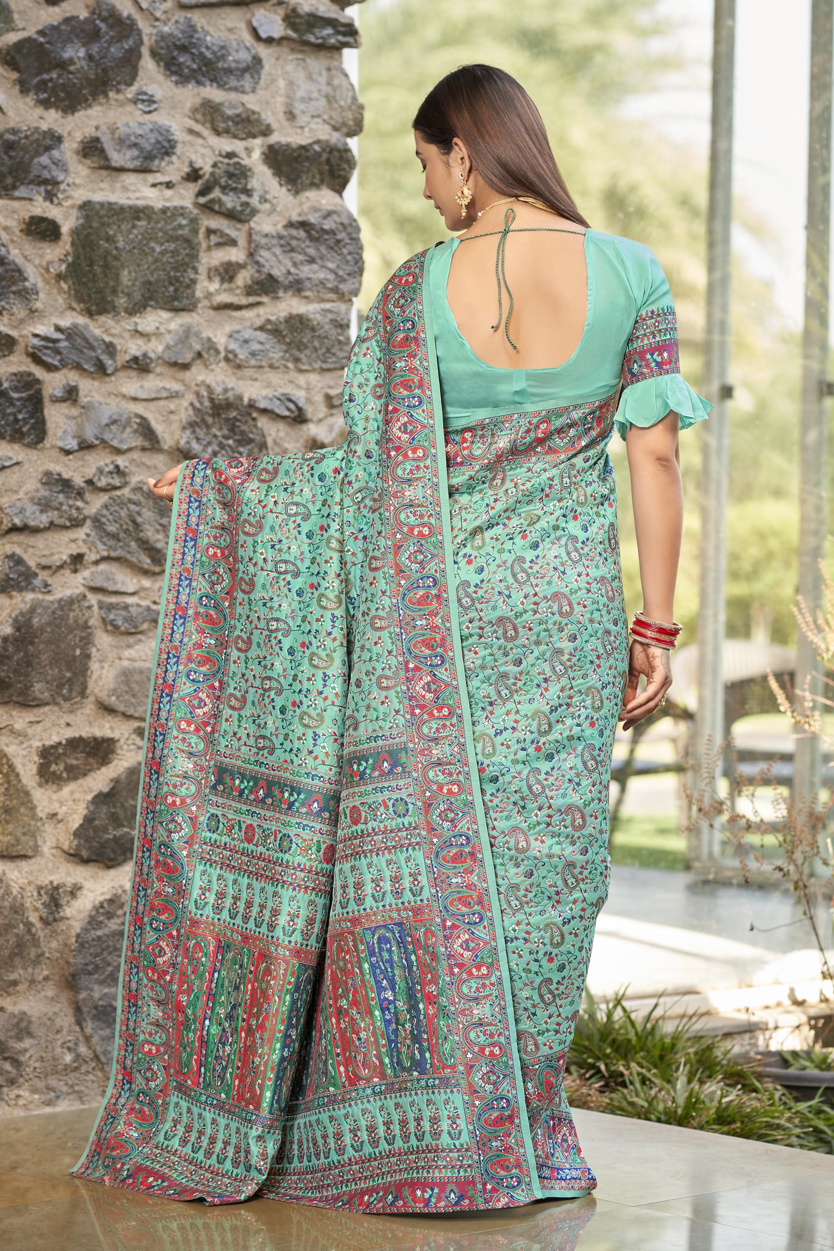 Glory Sarees Women's Kashmiri Pashmina Silk Woven Saree With Blouse Piece (Heritage_Silk110_Rama) 2