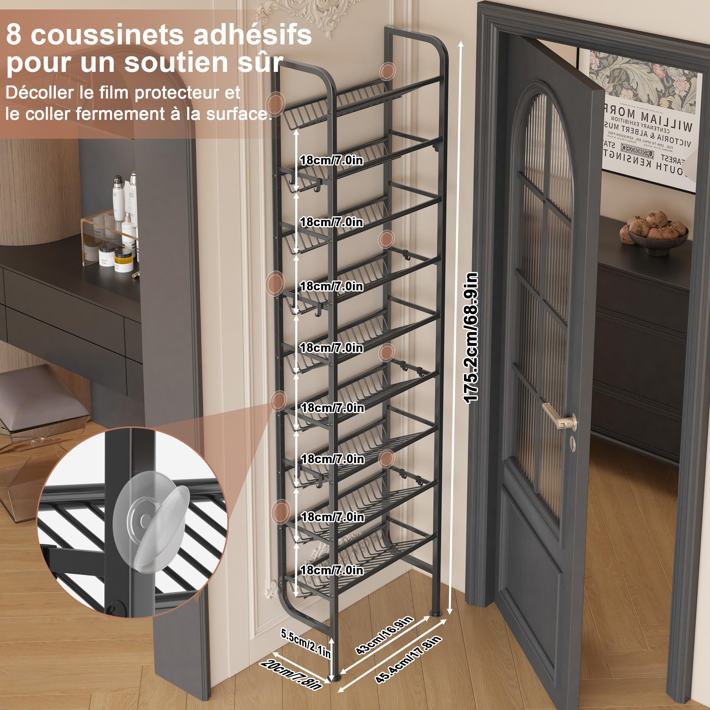 Étagère à Chaussures pour Porte, Noir, 45,4 x 20 x 175 cm | 9 Niveaux, Métallique, ModèLe Ouvert avec 12 Crochets - Garde-Manger, Couloir, Salon