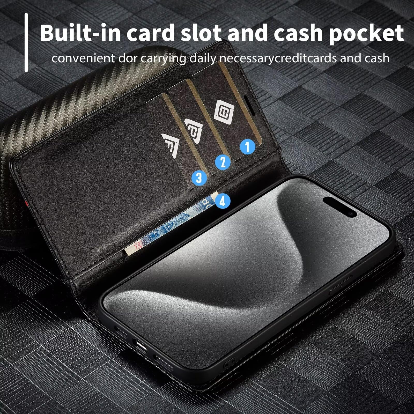 ATISIJIE Cover a Portafoglio per Xiaomi Redmi Note 13 Pro 4G / Poco M6 Pro 4G Custodia,in pelle PU di alta qualità in fibra di carbonio,con chiusura magnetica-L2