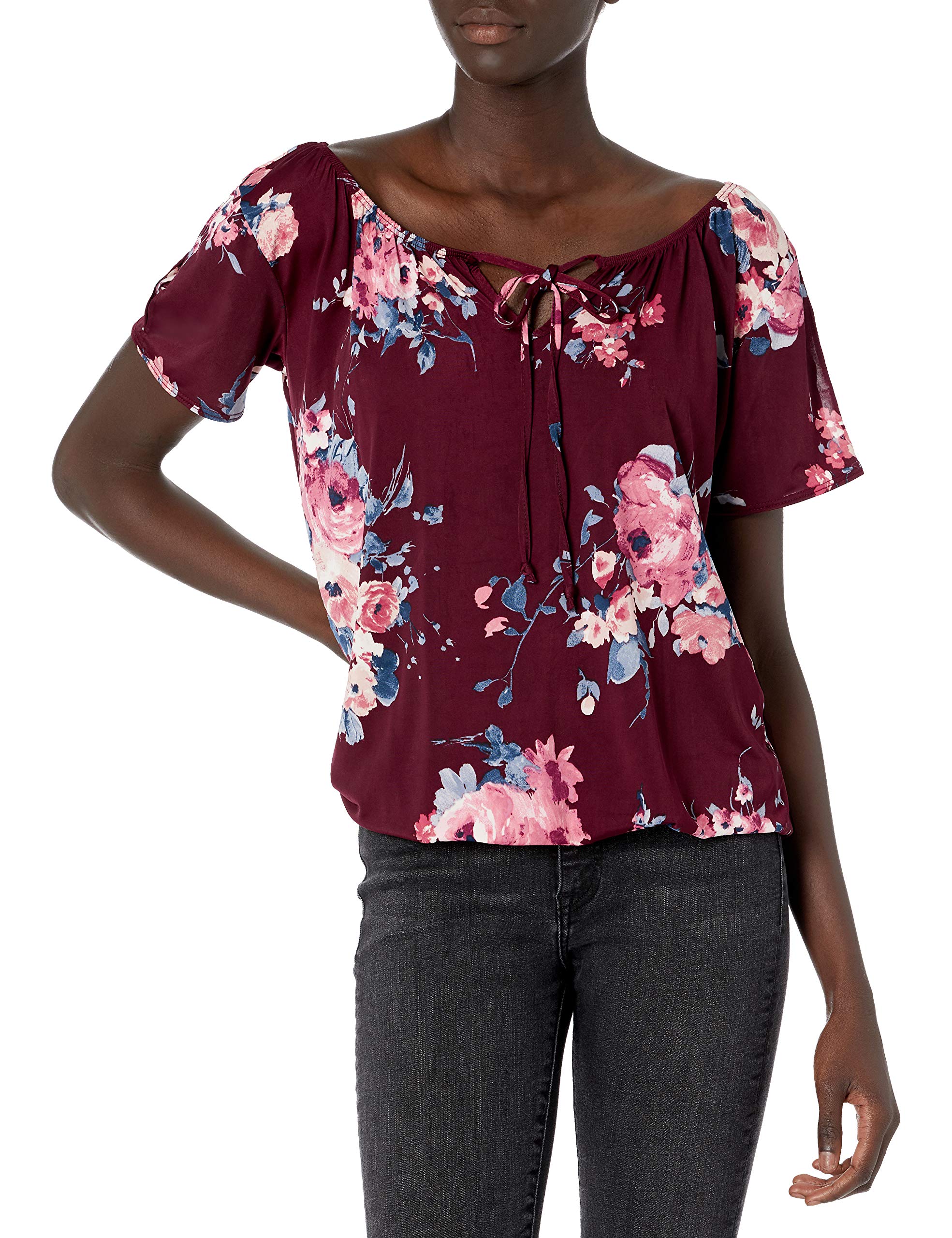 Star Vixen Women's Burgundy Floral Short Slit Sleeve Keyhole-Tie Peasant Top Short Sleeves Blouse - Multicolor - Large