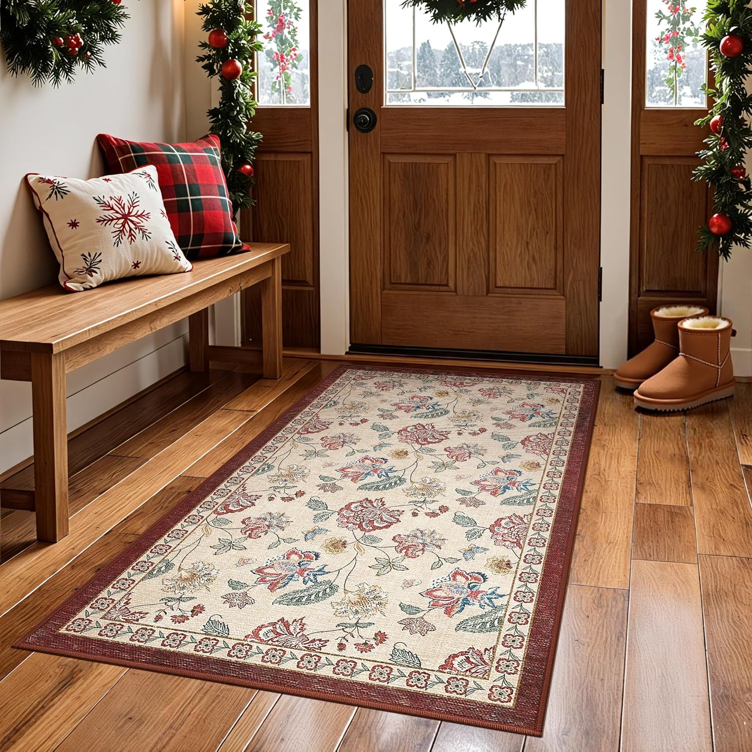 jinchan Elora 3x5 Floral Rug for Entryway Washable Rug Vintage Romance Design Christmas Small Mat Non Slip Indoor Doormat Lightweight Low-Profile Throw Carpet for Bathroom Laundry Room, Red/Beige 3' x 5' (Light Weight) Bloom Red/Beige