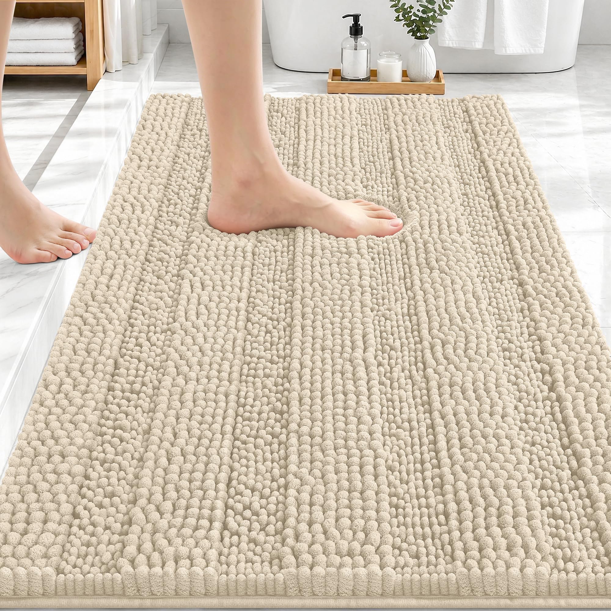 OLANLY Thick Bathroom Rugs 30x20, Soft Chenille Striped Bath Rugs, Sand