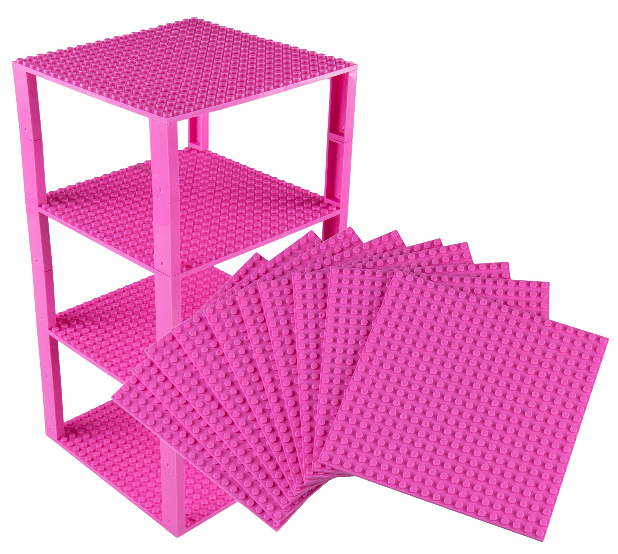 Premium Pink Stackable Base Plates - 10 Pack 6" x 6" Baseplate Bundle with 80 Pink Bonus Building Bricks (LEGO Compatible) - Tower Construction