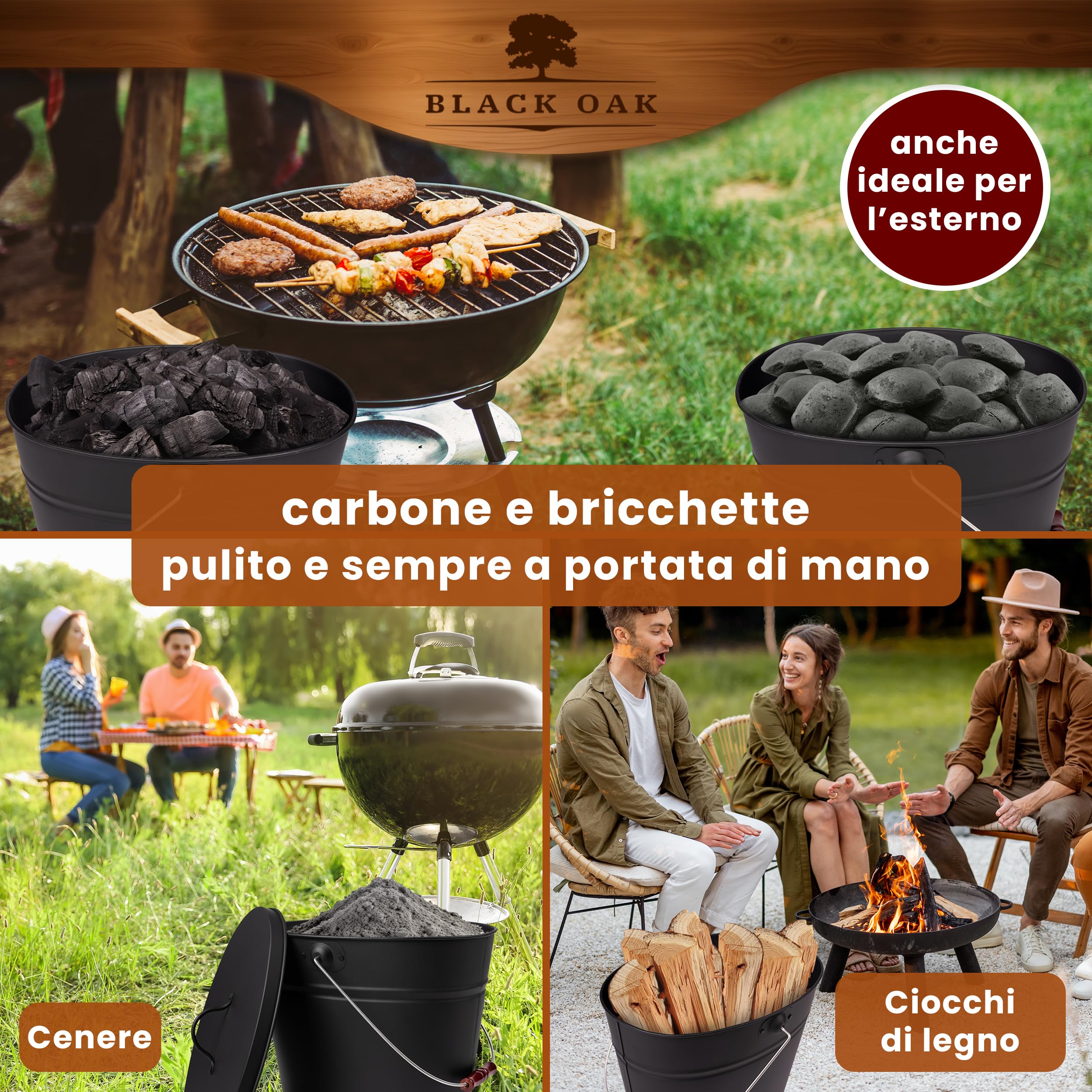 BLACK OAK Etna - Secchio per cenere, 14 l, set di paletta e scopa, colore nero, rotondo, con coperchio, grande, 14 litri, in acciaio zincato a prova di fuoco, verniciato a polvere, per cenere e