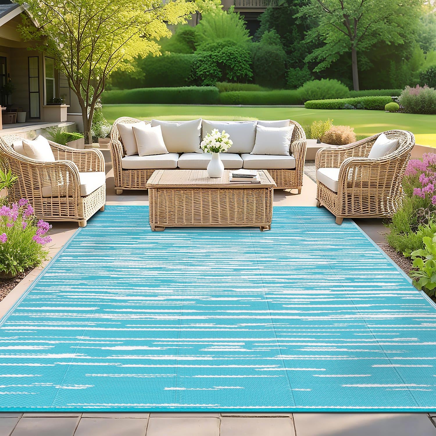 SHACOS Outdoor Teppich Wetterfest Türkis 240x300 cm Außenteppich Balko Teppich Waschbar Picknickdecke Wendbar UV-beständig Kunststoffteppich für Terrasse Camping Garten Pool