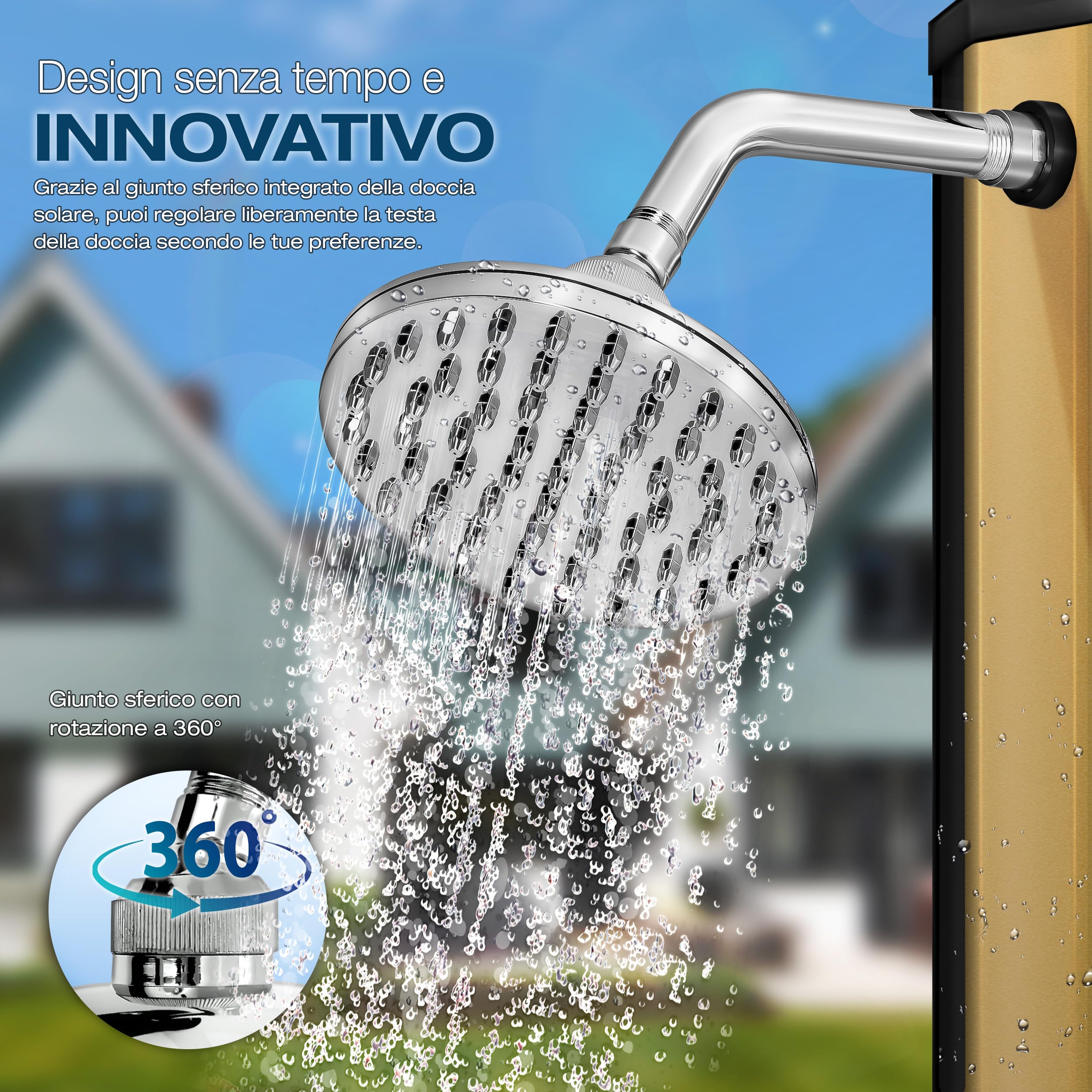 tillvex Doccia Solare con Coperchio di Protezione, Doccia da Giardino a energia Solare, per Piscina, Senza Collegamento di Alimentazione, con Rubinetto (Nero/Oro, 35 Litri)