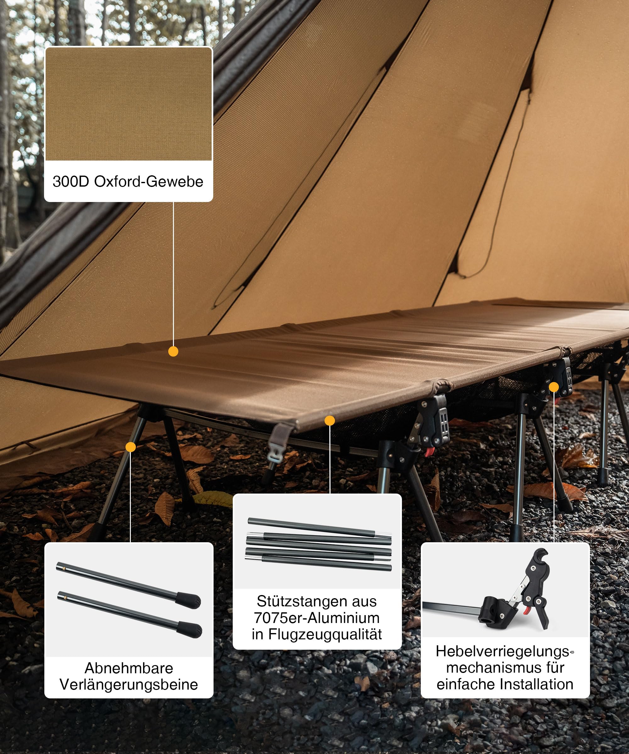 OneTigris SUPRATIROS Veldbed, inklapbaar, XXL, draagbaar campingbed, opvouwbaar, licht, klapbed camping tot 180 kg, voor tent, outdoor, reizen, tuin, kantoor (220 * 80 cm