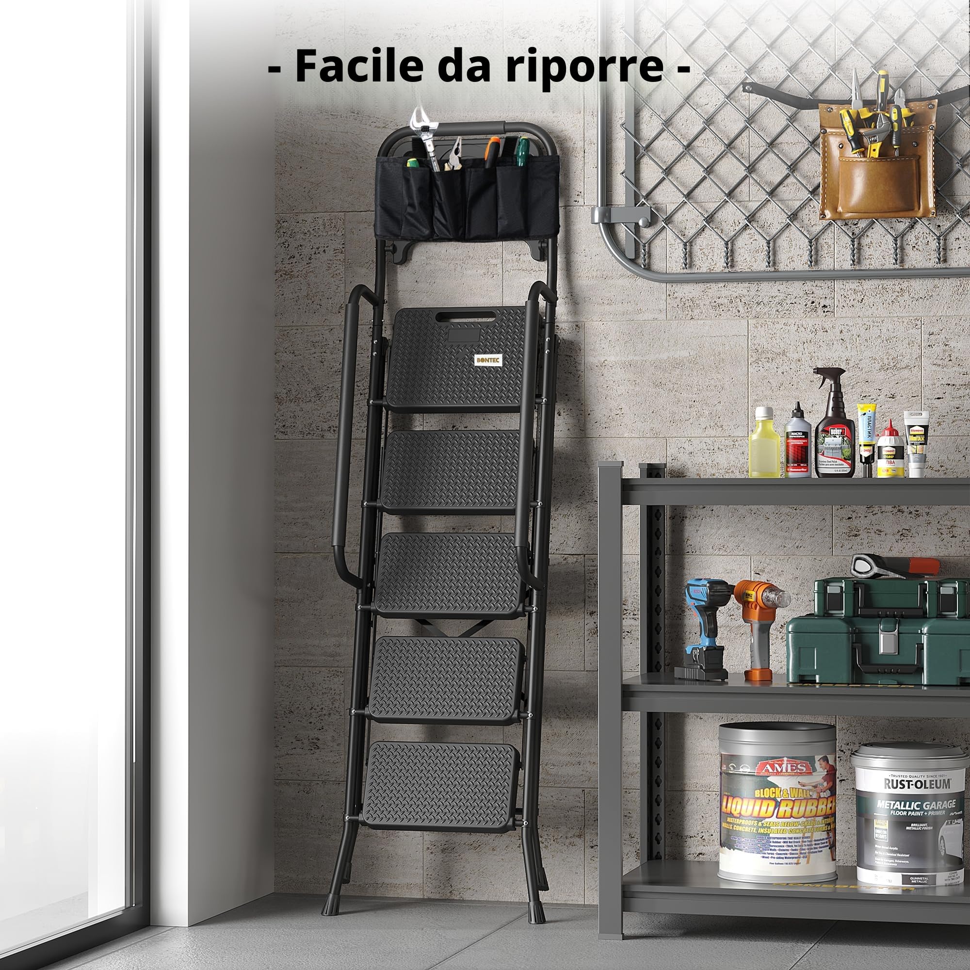 BONTEC Scala Pieghevole a 5 Gradini con Pedali Extra Larghe in Plastica Antiscivolo, Struttura in Ferro, Vassoio Portaoggetti e Borsa Attrezzi, Portata 150 kg, Facile da Riporre,Nero
