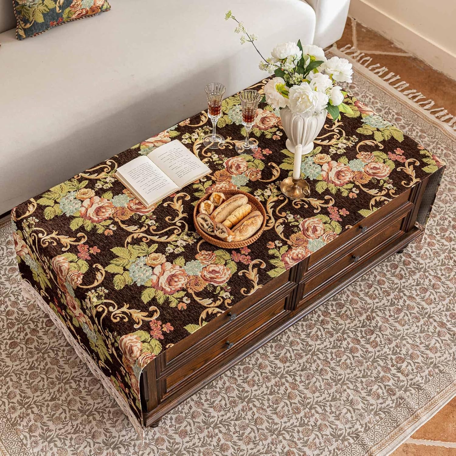 Luxury Chenille Coffee Table Cloth Non-Slip Silicone Backing Heavyweight French Damask Jacquard with Elegant Lace Edge Vintage Floral Furniture Protector(Fhsjz Brown Floral,63" L x 23.7" W)