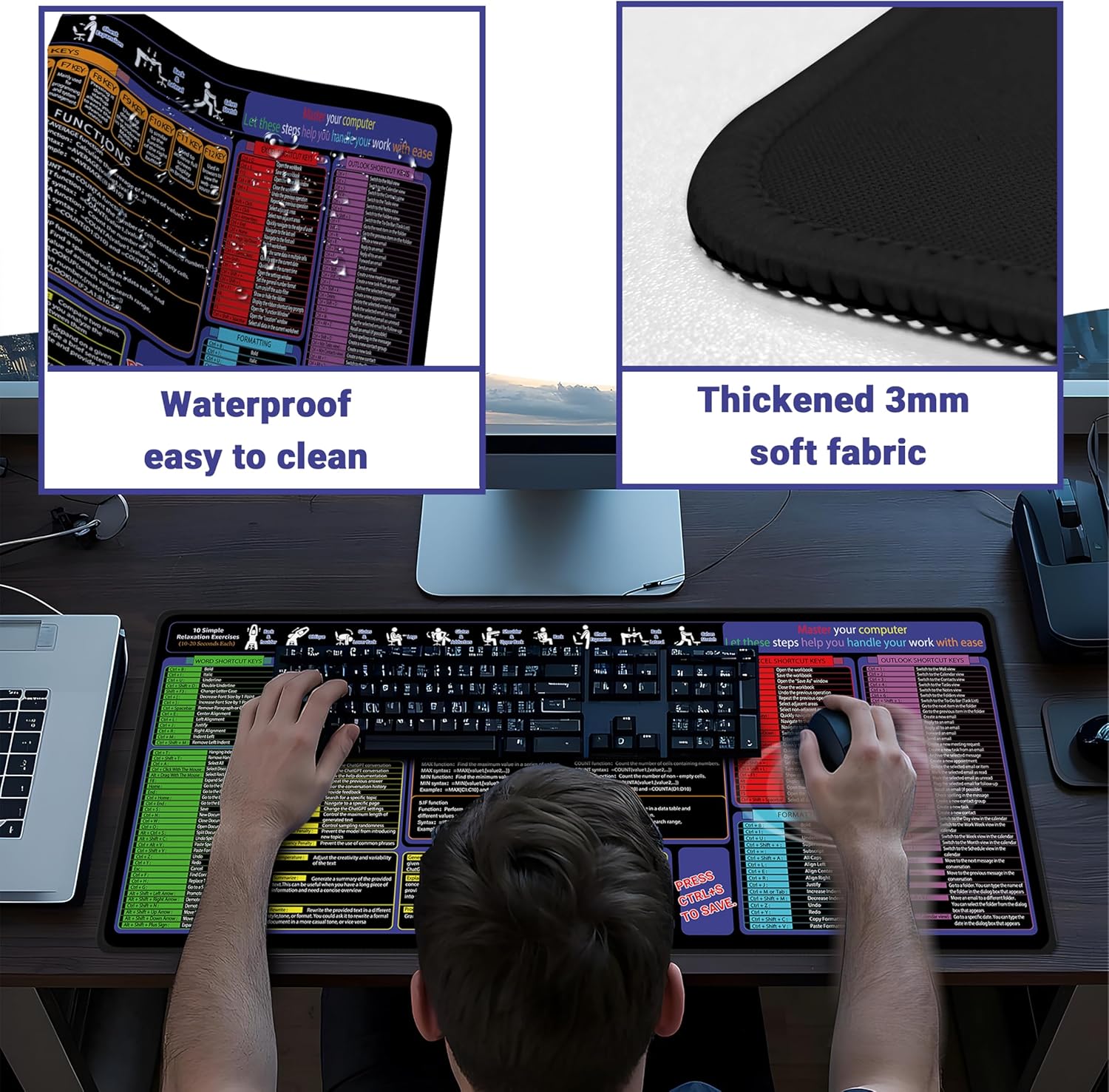 Mouse Pad with Excel, Word, Shortcuts – Excel Cheat Sheet Desk Pad – Portable Computer Mousepad – Gaming, Office, Waterproof, Non-Slip, Stitched Edges 31.5 x 11.8inches x 3mm