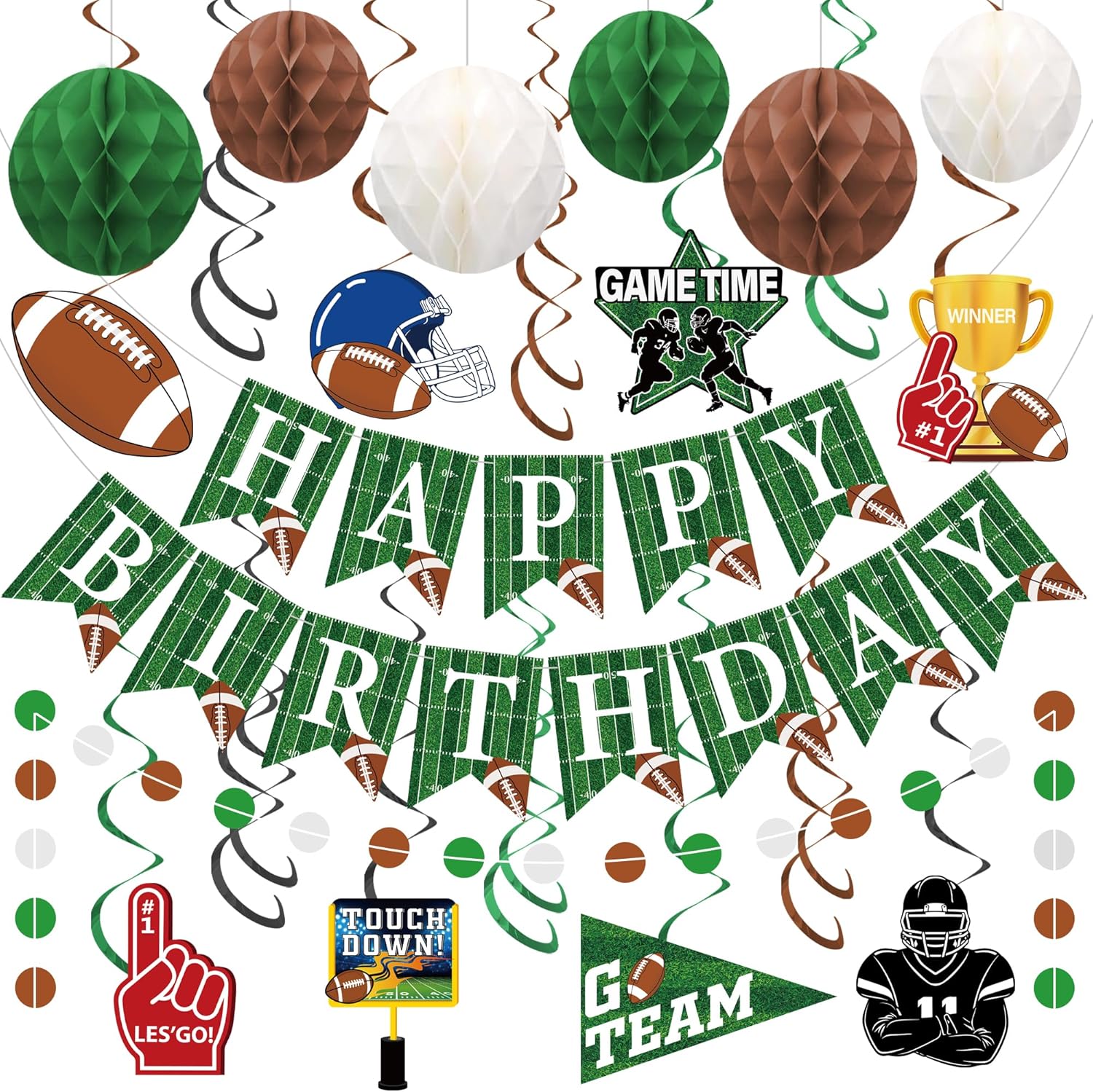 Football Birthday Party Decorations Pre-Strung Happy Birthday Banner Green Brown White Honeycomb Balls Football Themed Hanging Swirls Circle Dots Garland for Sport Football Birthdays Party Decor