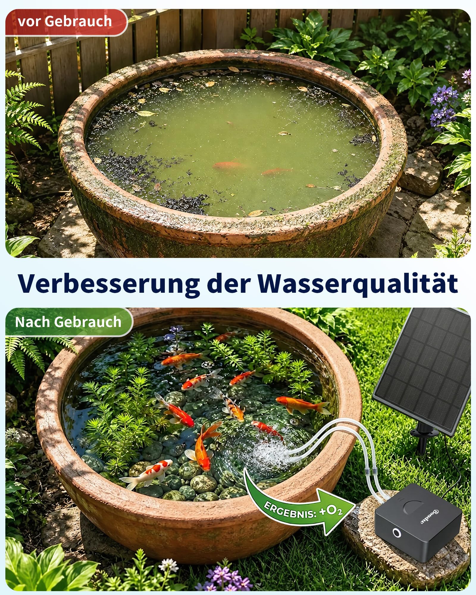 3W Solar Teichbelüfter mit 2200 mAh Akku, Belüftungssets für gartenteiche mit Solarpanel, Sauerstoffpumpe Teich Winterfrostschutz 2 Luftsteine für Garten und Angeln an Bewölkten Tagen
