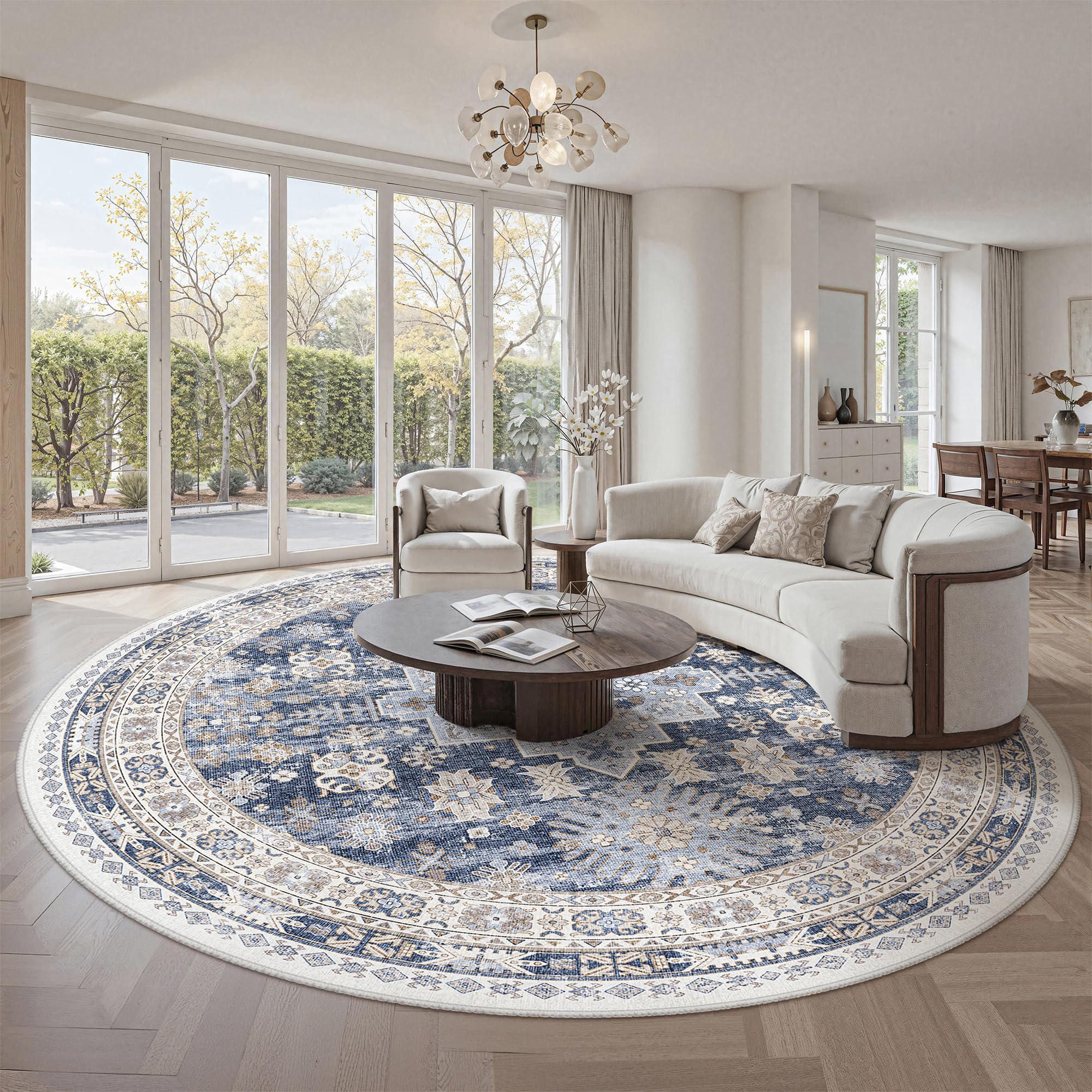 zesthome 9ft Round Rugs for Living Room, Non-Slip Washable Round Area Rugs, Ultra-Thin Large Circle Rugs, Soft Low Pile Rug for Bedroom, Kitchen - Vintage Stain Resistant Round Rug (Blue/Beige,9'x9') — image 1