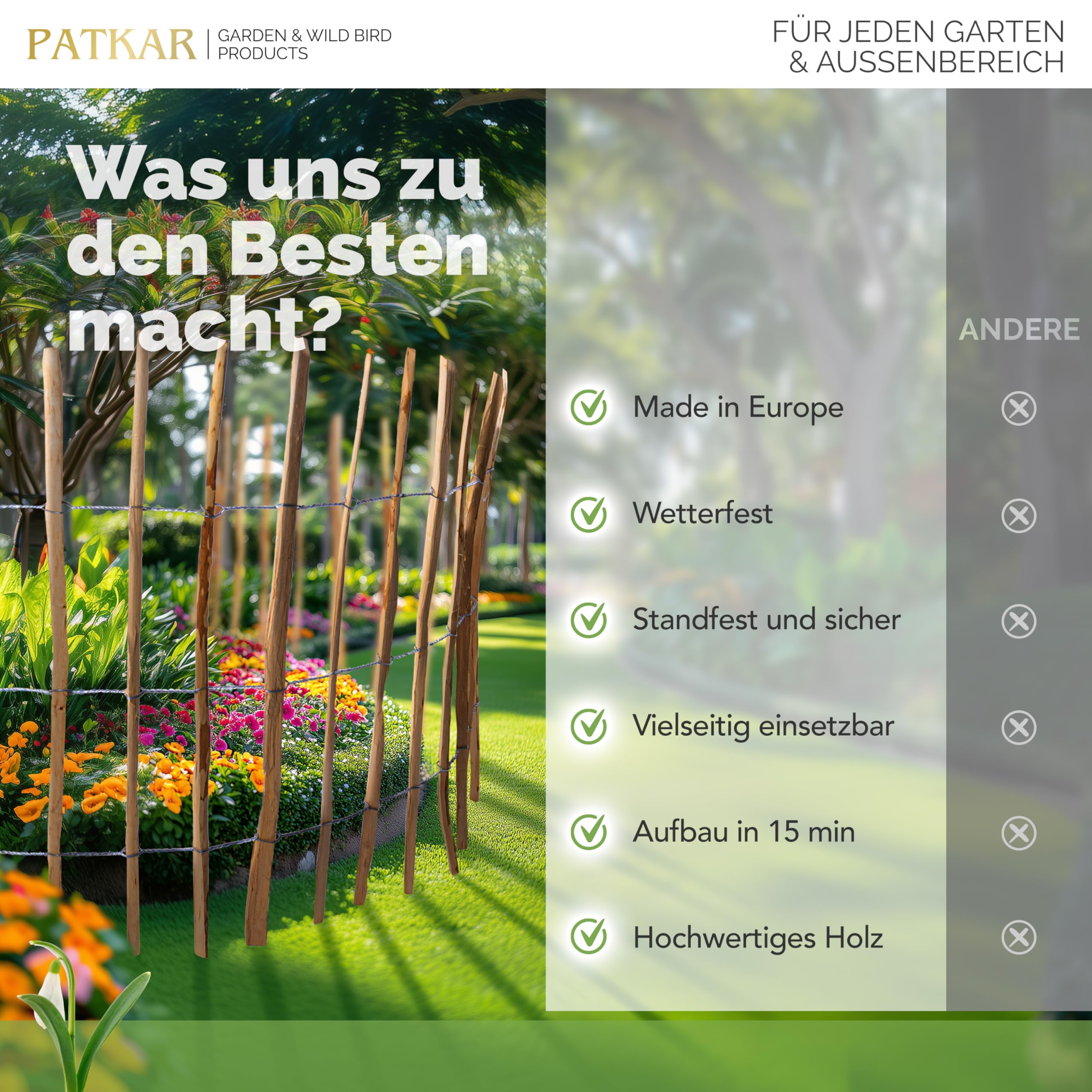 PATKAR® Staketenzaun 10mx90cm [WETTERBESTÄNDIG & STABIL] - Holzzaun Gartenzaun Holz Abgrenzung - Staketenzaun 90 cm hoch (Made in Europe) - Gartenzaun zum Stecken - einfach montierter Zaun Holz