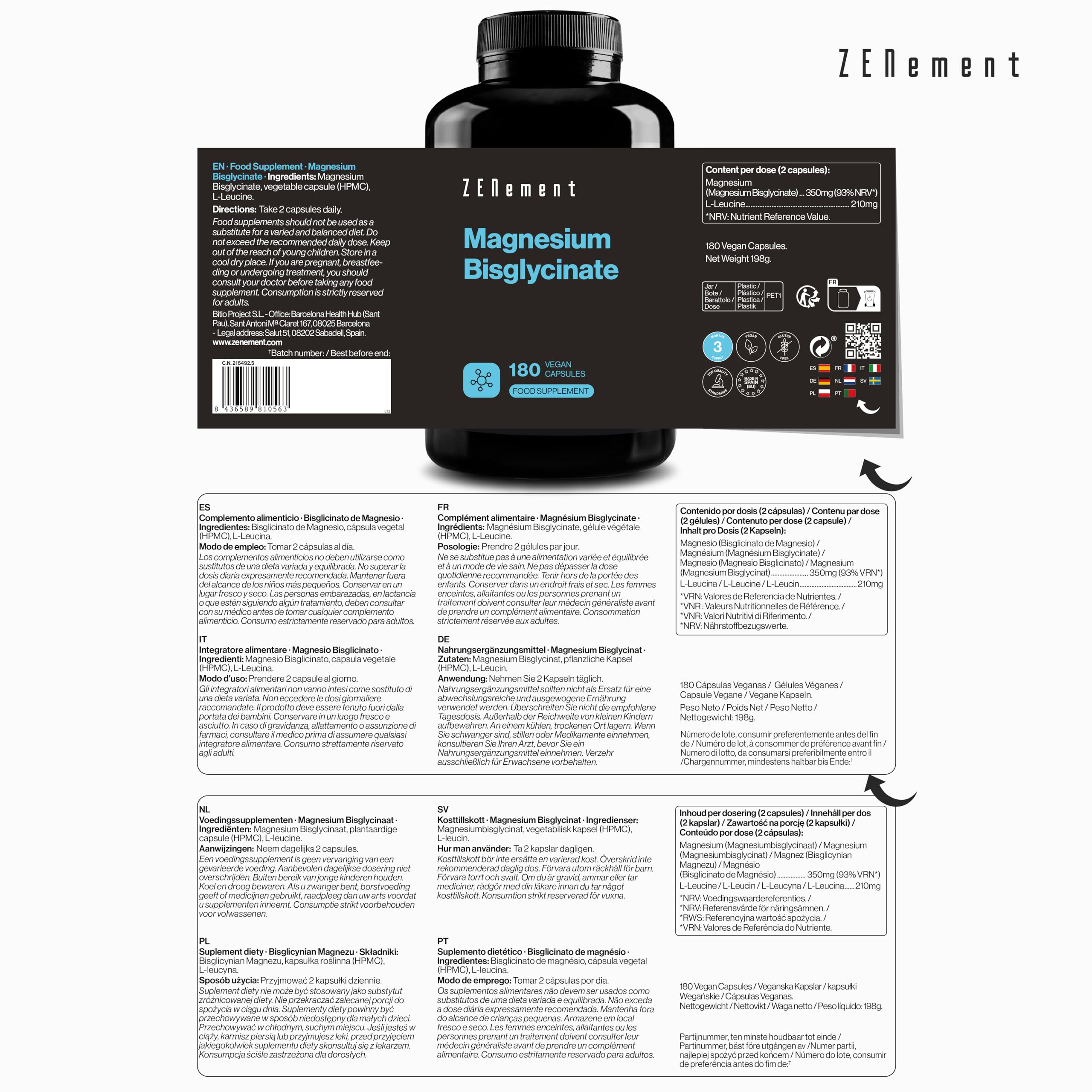 Bisglicinato de Magnesio, 350 mg de magnesio elemental/dosis diaria | 180 Cápsulas de Magnesio Bisglicinato (Suministro 3 meses) | Reduce Cansancio, Fatiga | Alta Absorción y Asimilación | Zenement