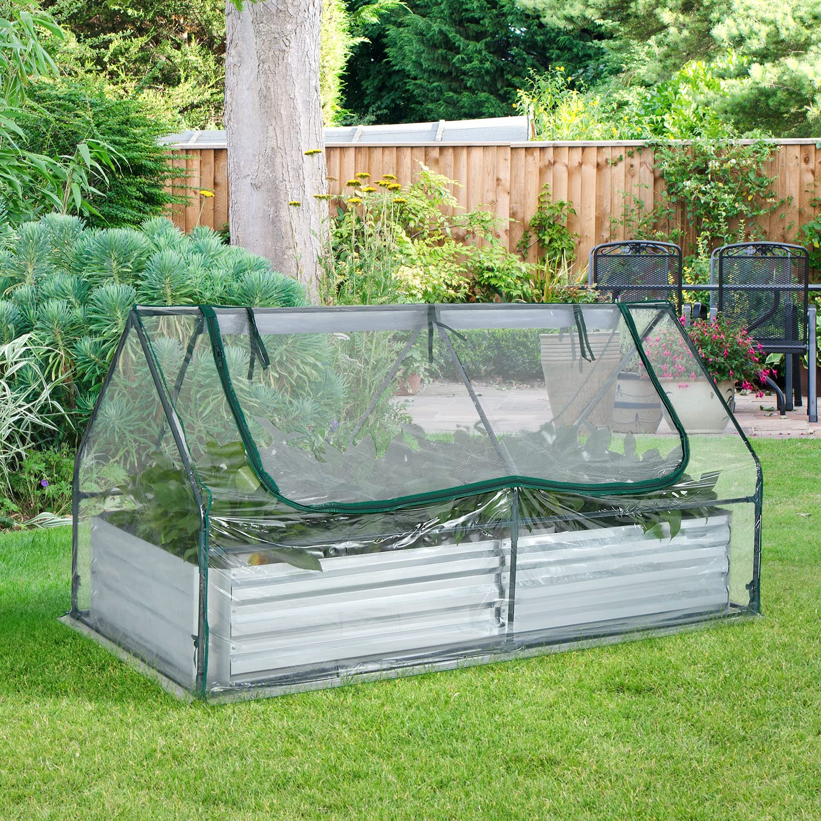 COSTWAY Cama de Jardín Elevada Galvanizada con Invernadero, Huerto Urbano Elevado, Jardinera Exterior sin Fondo con Cubierta, Ventanas Enrollables de 2 Niveles (180 x 90 x 91 cm)