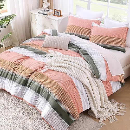 Miniatura 18 de Litanika Juego de edredón tamaño Queen, color gris claro, 3 piezas, ligero, gris y blanco, a rayas, esponjoso, juego de cama para todas
