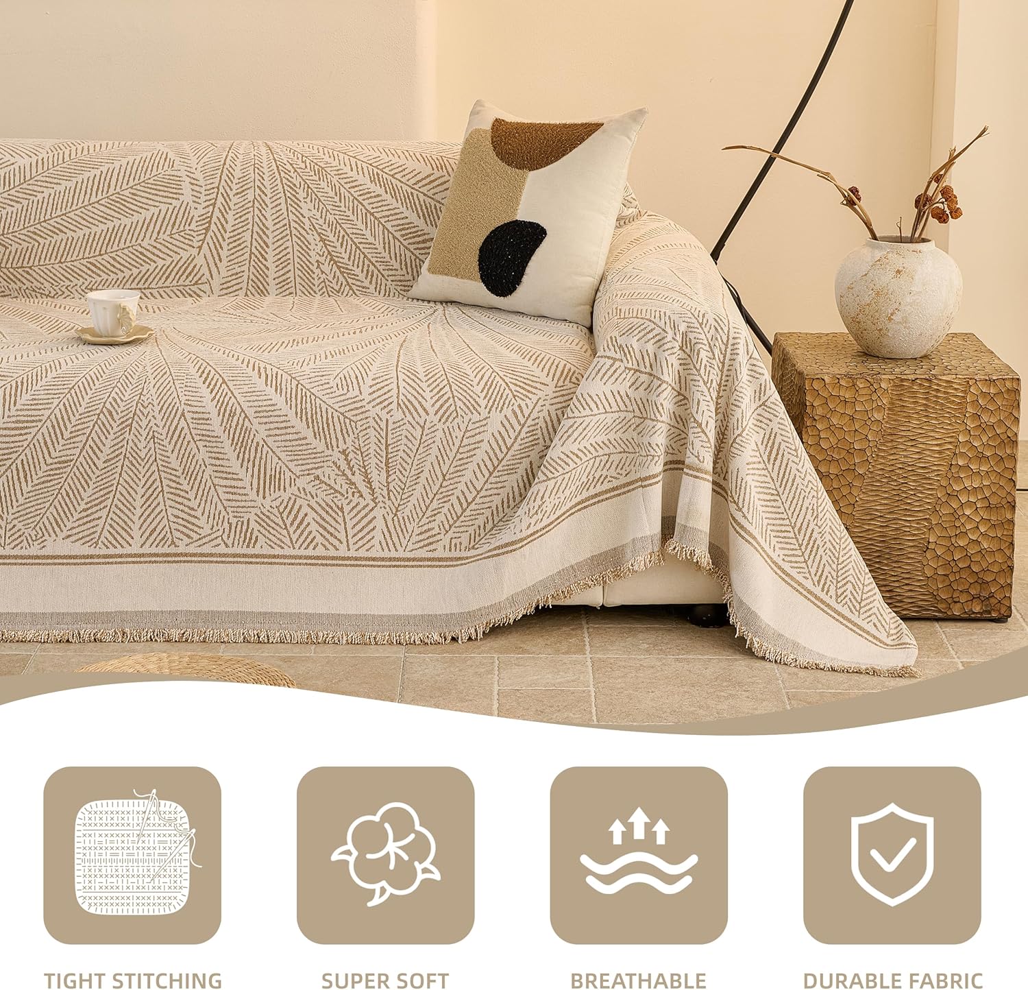 Couch Covers for Sofa, Sofa Covers Washable, Sectional Couch Covers, Sofa Covers for 2 Cushion Couch, Non Slip Stripe Sofa Slipcovers Furniture Protector (Khaki, 71x118)