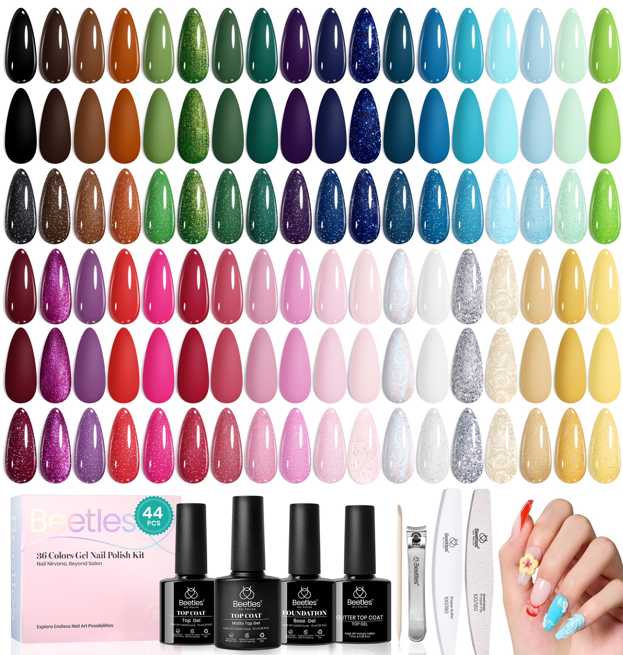 Beetles Gel Nail Polish Set - 44 PCS Brown Nude Burgundy Gel Polish Winter Nails Fairytale Town Collection with 4Pcs Base Glitter Matte Glossy Top Coat Soak off Uv Gel DIY Manicure