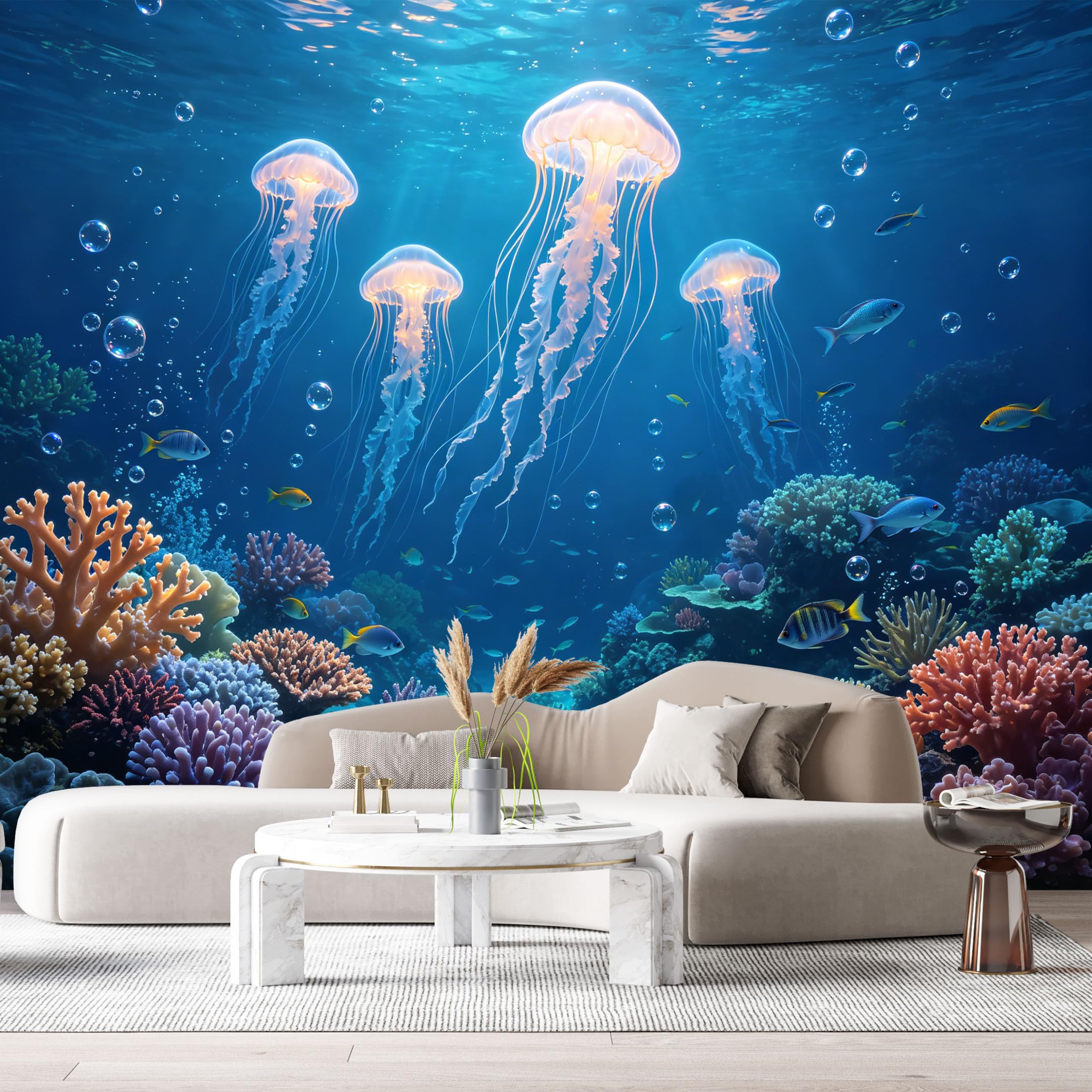 Custom Size Wall Murals Ocean Marine 3D Bioluminescent Jellyfish Tropical Coral Reef SelfAdhesiveWall Fabric Removable Wallpaper Wall Decor for Living Room Bedroom Bathroom