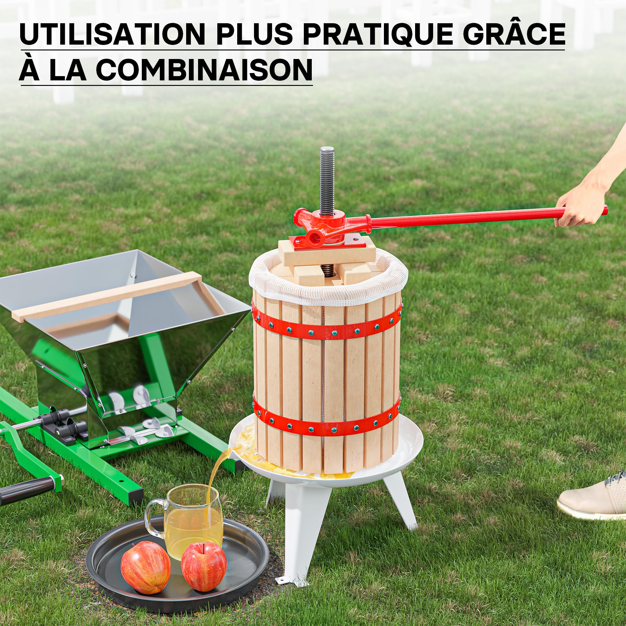 WilTec Kit Presse et Broyeur à Fruits – capacité 7 L / 18 L – avec Entonnoir en Acier, Panier en hêtre et Torchon Sac de filtrage – Pressoir Manuel pour Moût de Pomme Poire Raisins Baies – Vin Cidre