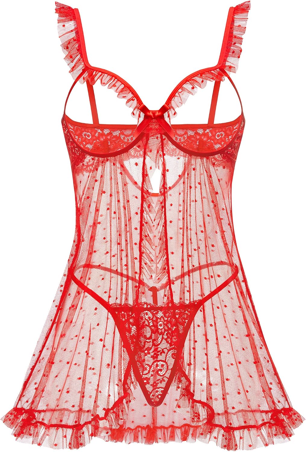 Avidlove Sexy Polka Dots Mesh Sheer Lace Babydoll Open Front Ruffle Chemise Cut Out Nightgown Lingerie With Thong XS-XXL