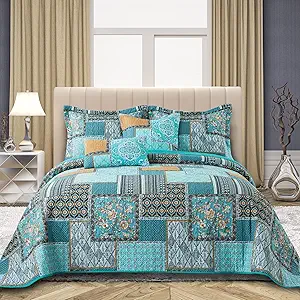 VAPUTAR Cotton Quilt Queen Size Bedding Set - 3 Pieces Queen Quilt Bedding Set, Boho Queen Size Quilts, Lightweight Reversible Coverlets Bedspreads for Farmhouse Bedroom (Teal/Green Chic)
